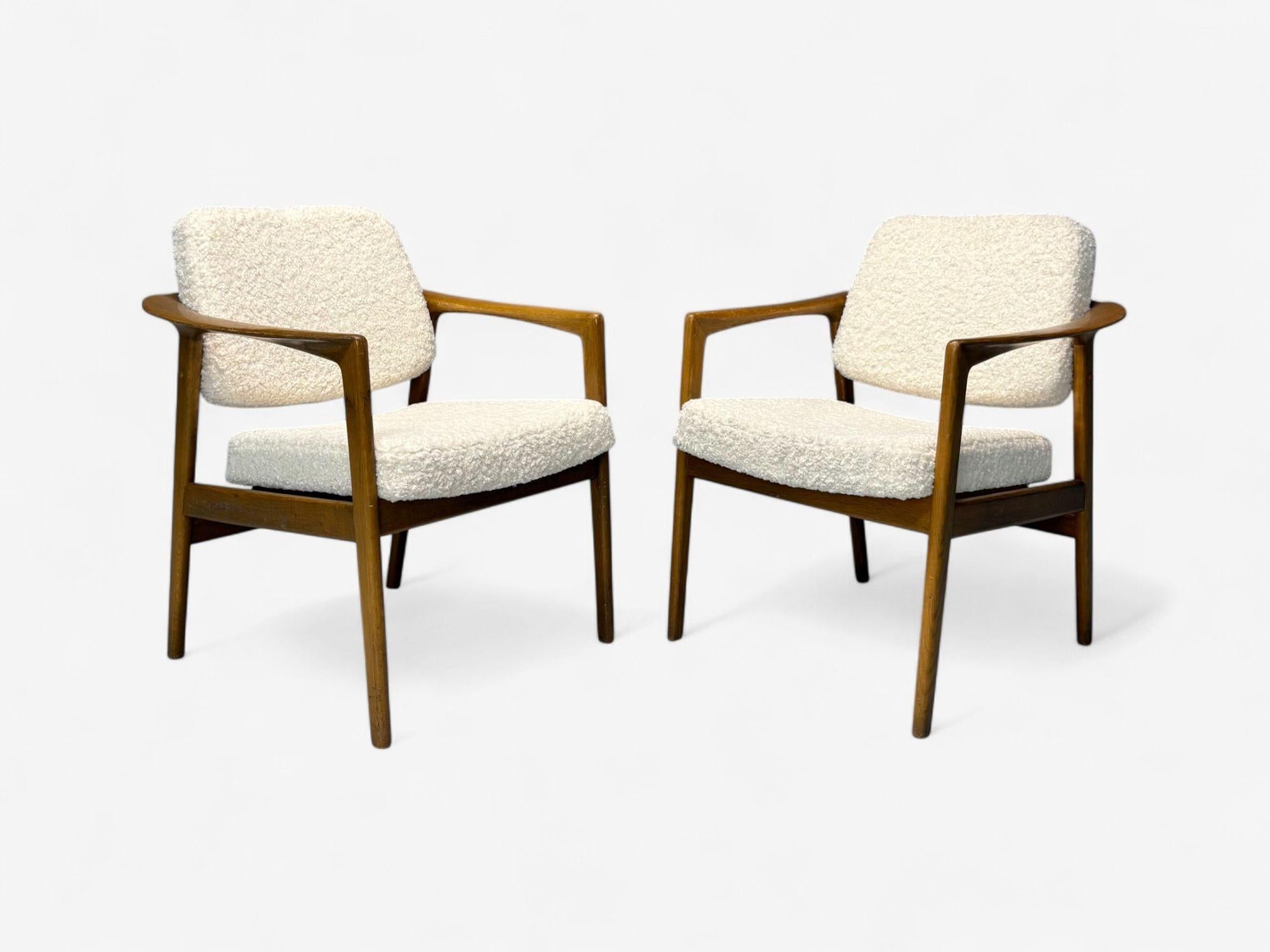 Mid-Century Modern Folke Ohlsson attr, Swedish Modern, White Shearling, Oak, Arm Chairs, 1960s For Sale