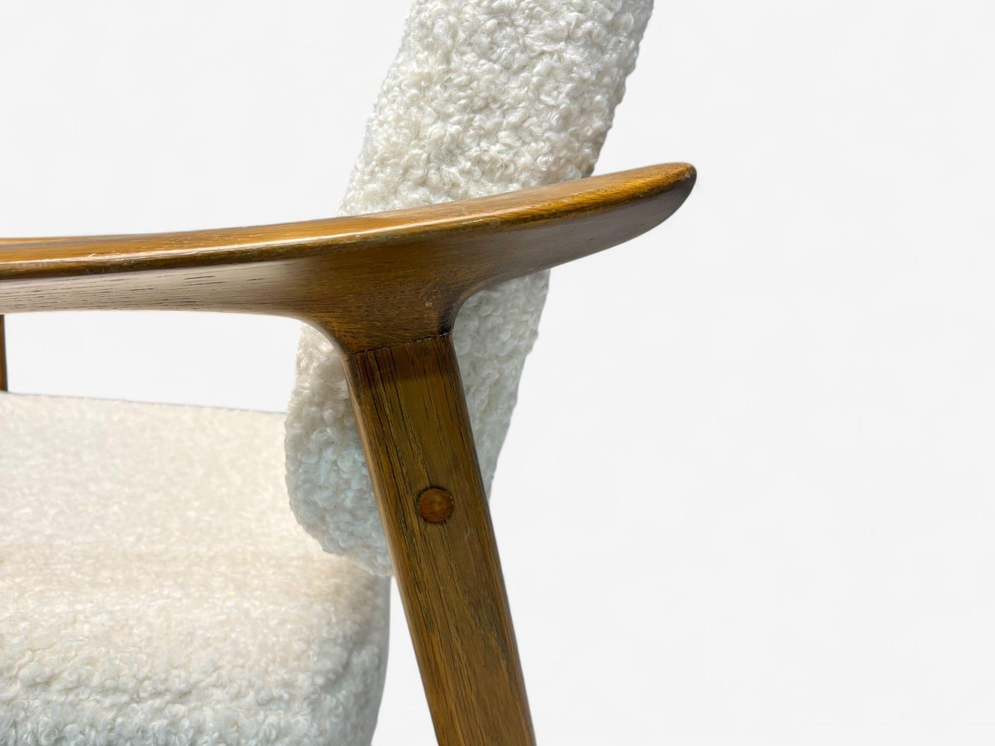 Mid-20th Century Folke Ohlsson attr, Swedish Modern, White Shearling, Oak, Arm Chairs, 1960s For Sale