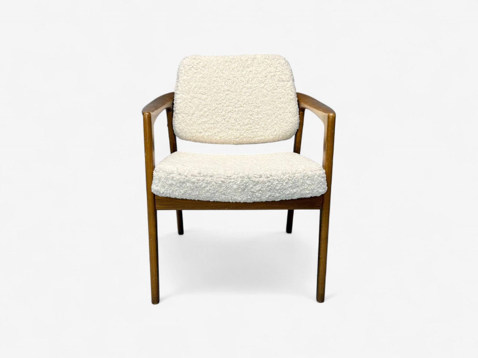 Sheepskin Folke Ohlsson attr, Swedish Modern, White Shearling, Oak, Arm Chairs, 1960s For Sale
