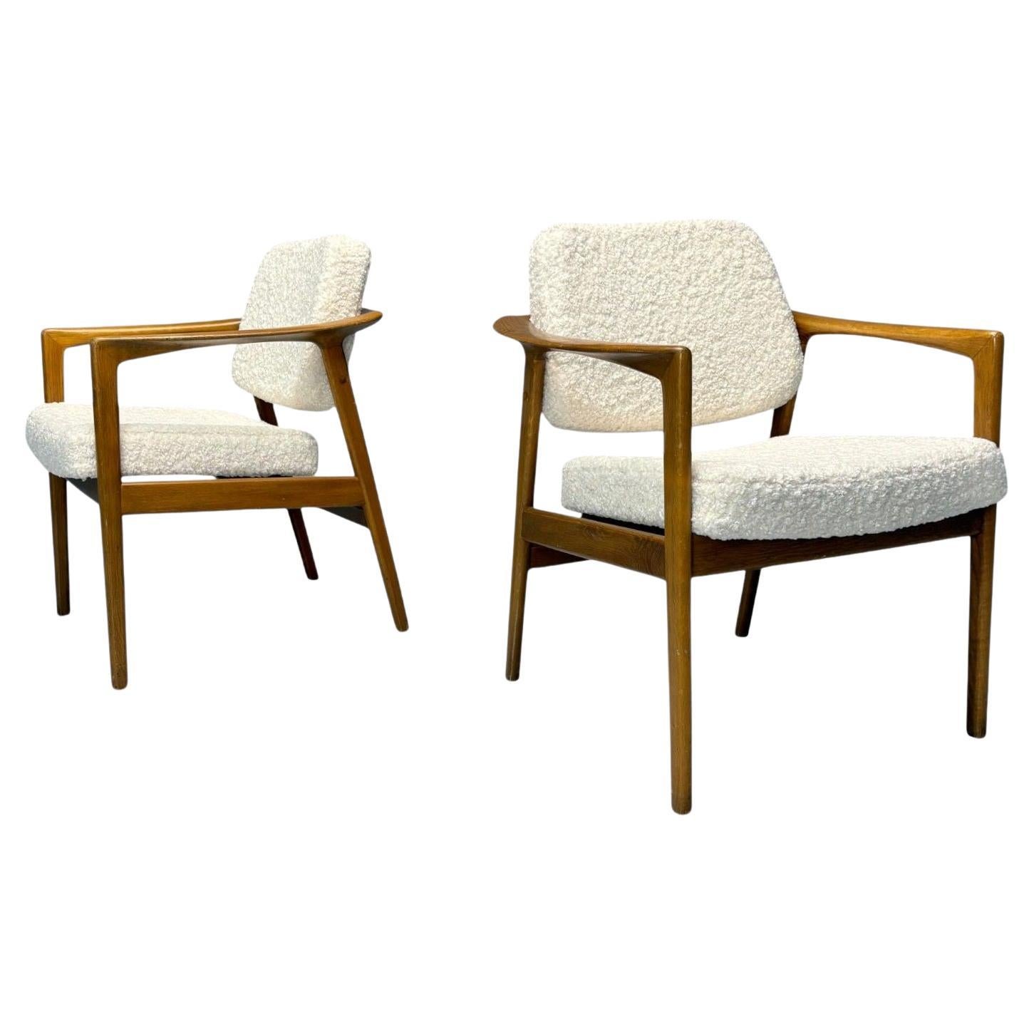 Folke Ohlsson attr, Swedish Modern, White Shearling, Oak, Arm Chairs, 1960s For Sale