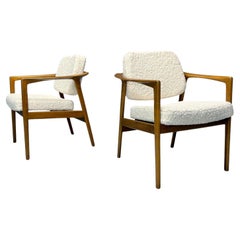 Folke Ohlsson attr, Swedish Modern, White Shearling, Oak, Arm Chairs, 1960s