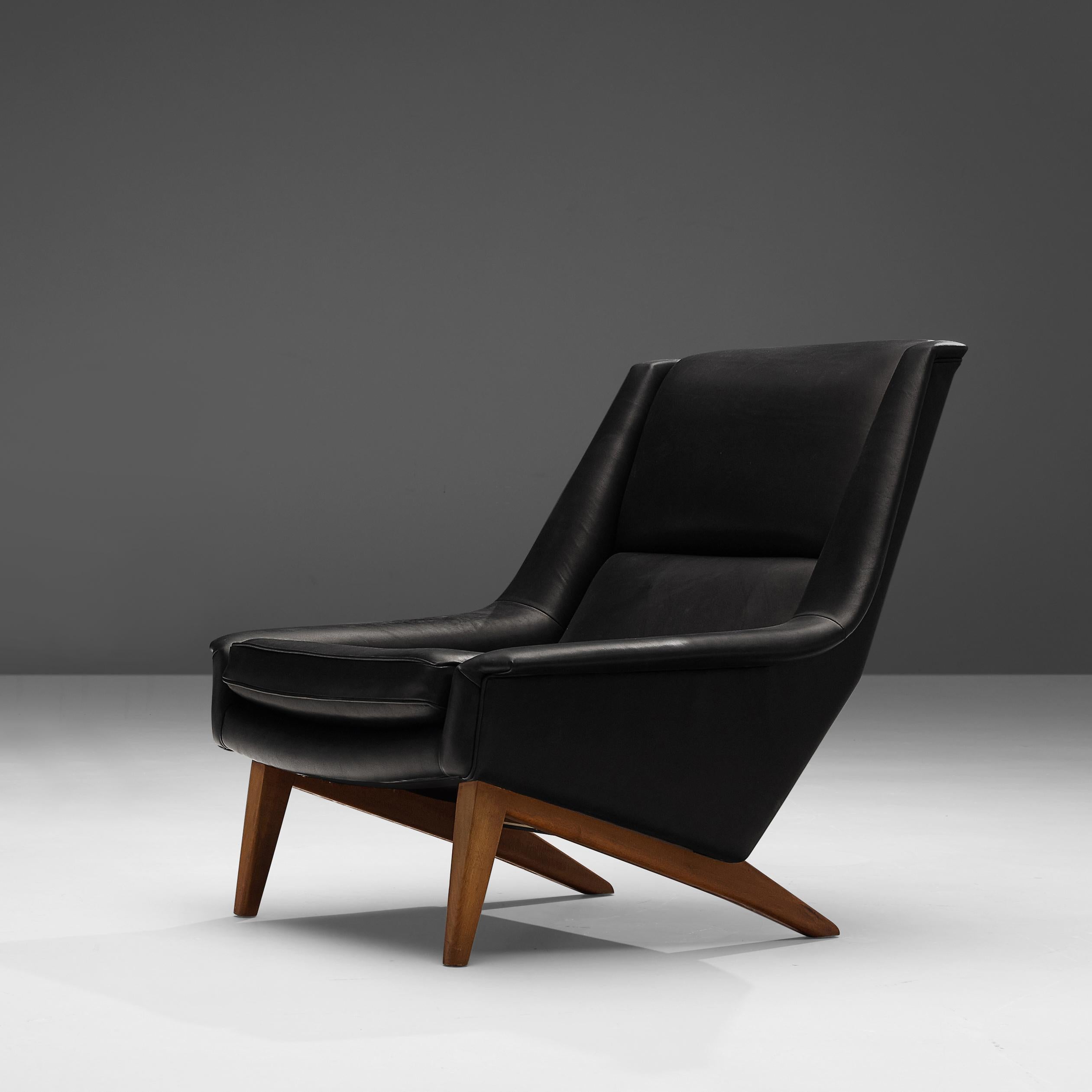 Danish Folke Ohlsson Lounge Chair in Black Leather