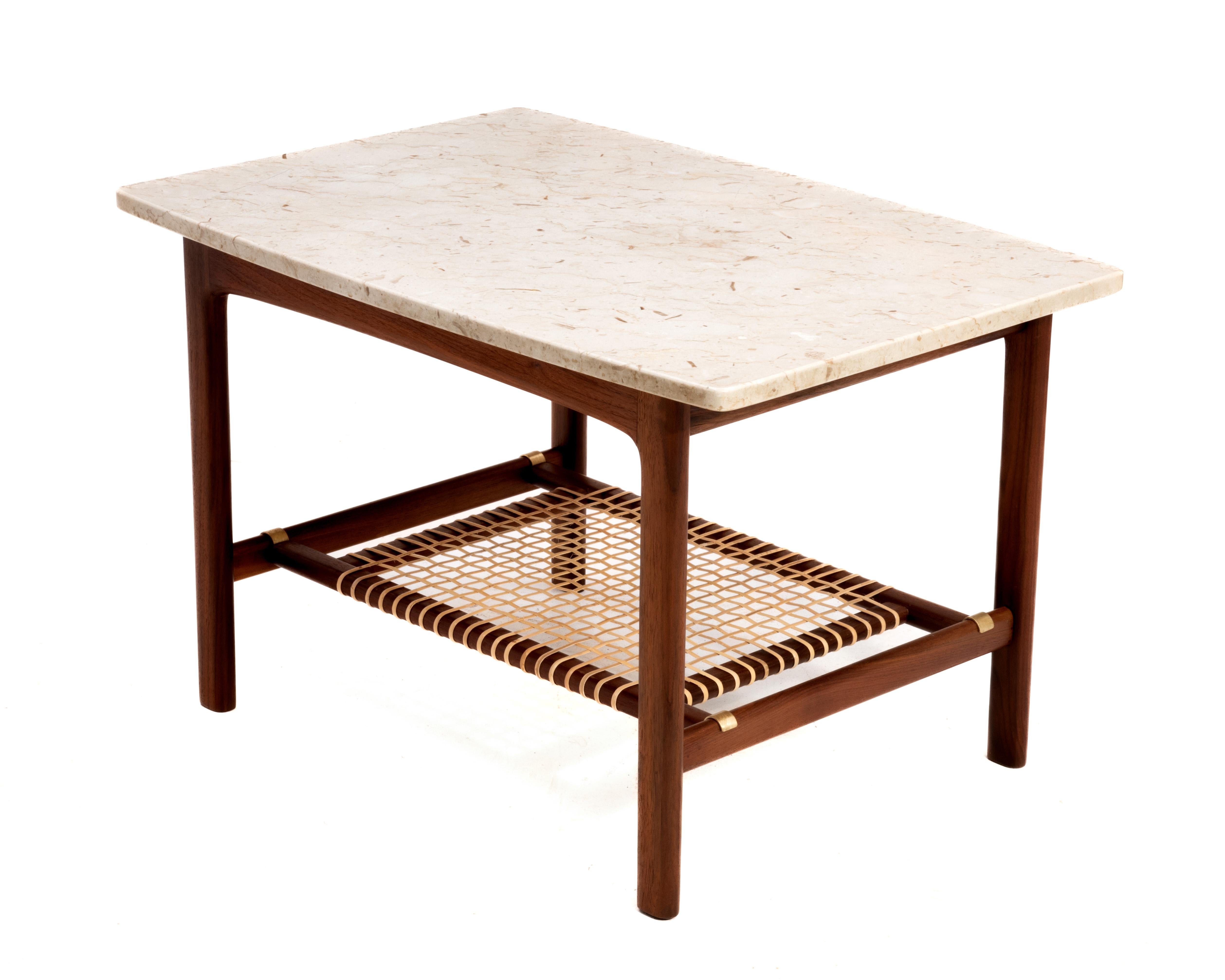 Folke Ohlsson for DUX of Sweden Mid Century travertine side table on a solid teak base and a removeable shelf. The substantial rectangular travertine top is beautifully figured. The travertine top floats on a clean, stable and strong teak base.