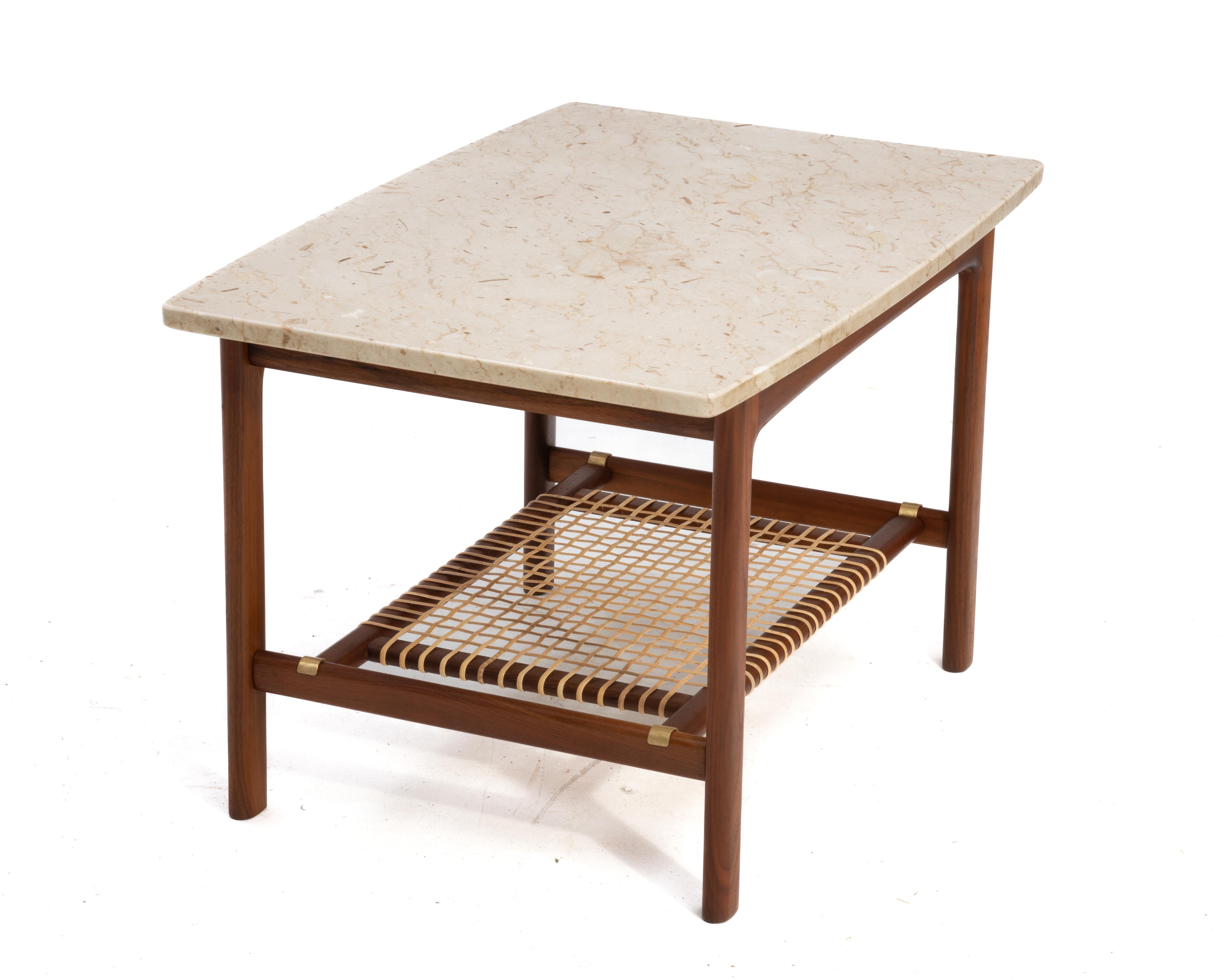 Mid-Century Modern Folke Ohlsson Dux Sweden Travertine Teak Cane Side End Table Mid Century