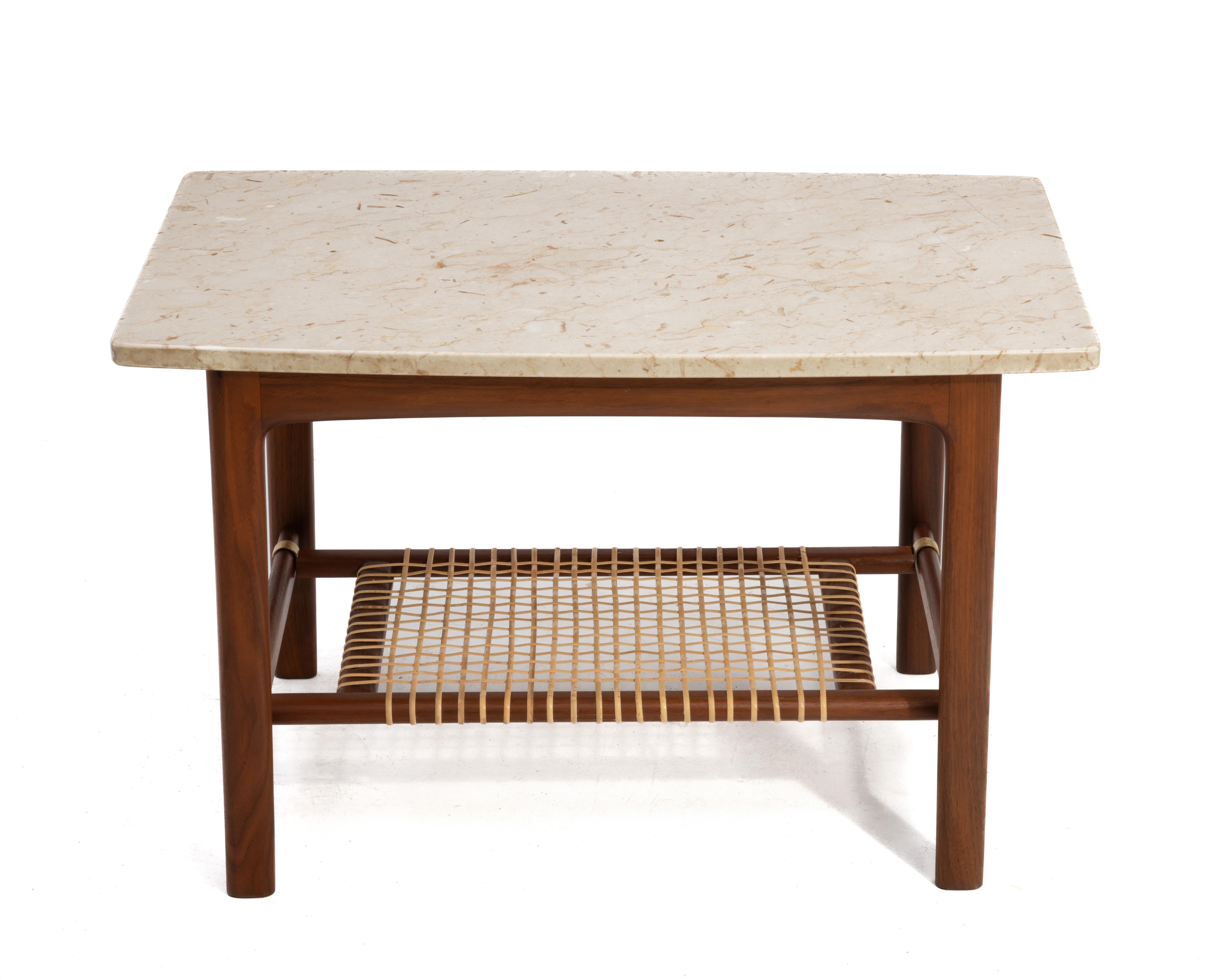 Swedish Folke Ohlsson Dux Sweden Travertine Teak Cane Side End Table Mid Century