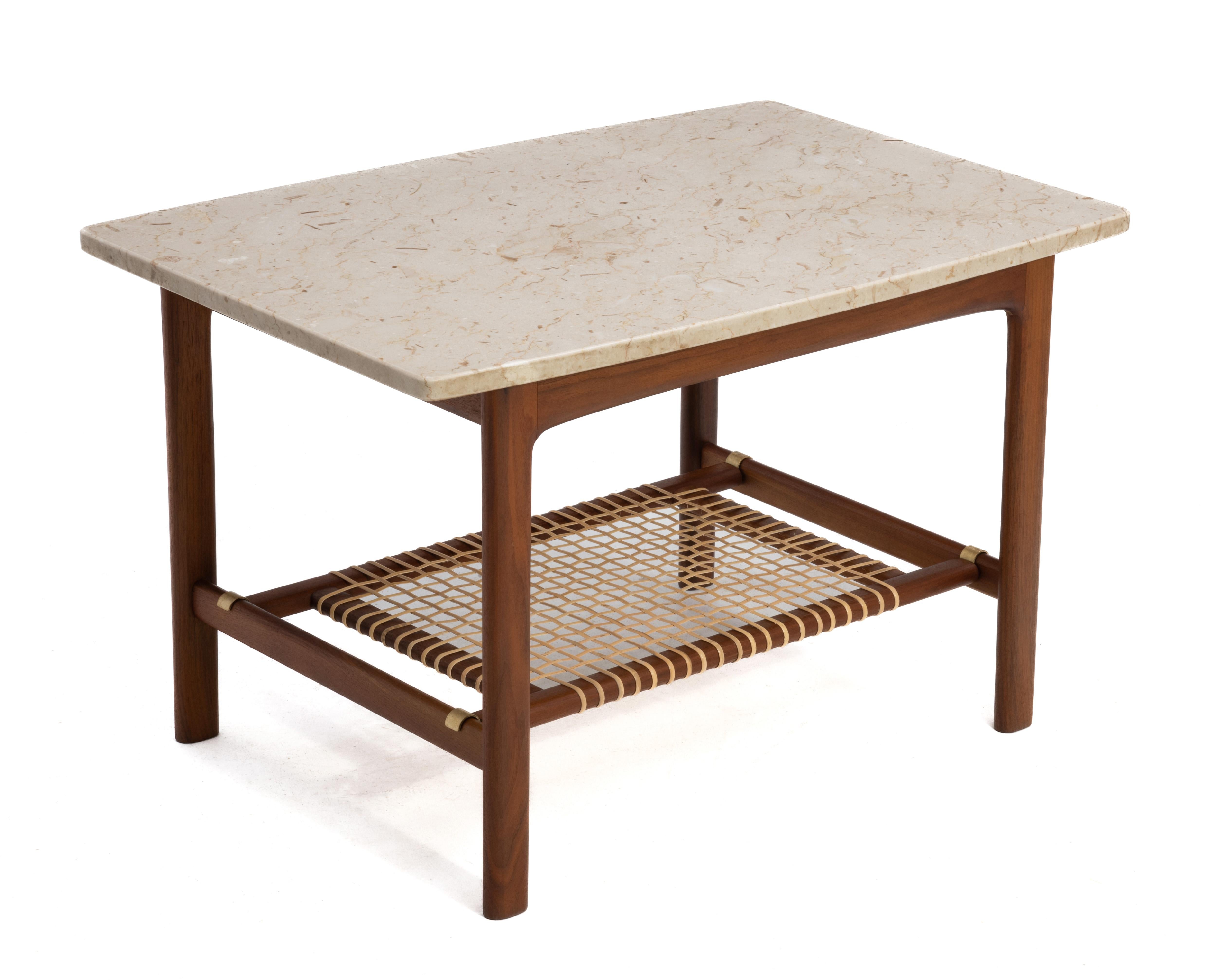 Folke Ohlsson Dux Sweden Travertine Teak Cane Side End Table Mid Century In Good Condition In Forest Grove, PA