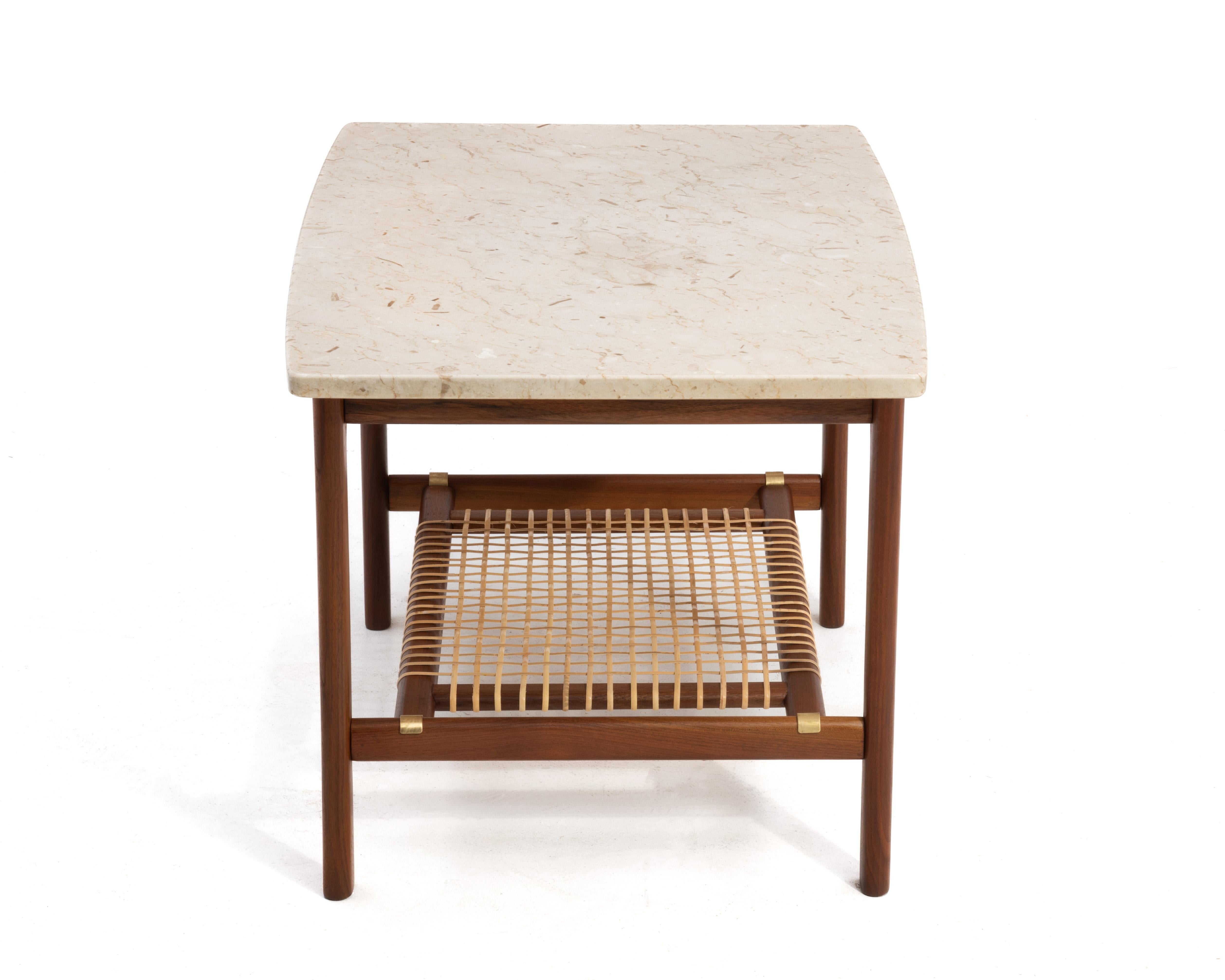 Mid-20th Century Folke Ohlsson Dux Sweden Travertine Teak Cane Side End Table Mid Century