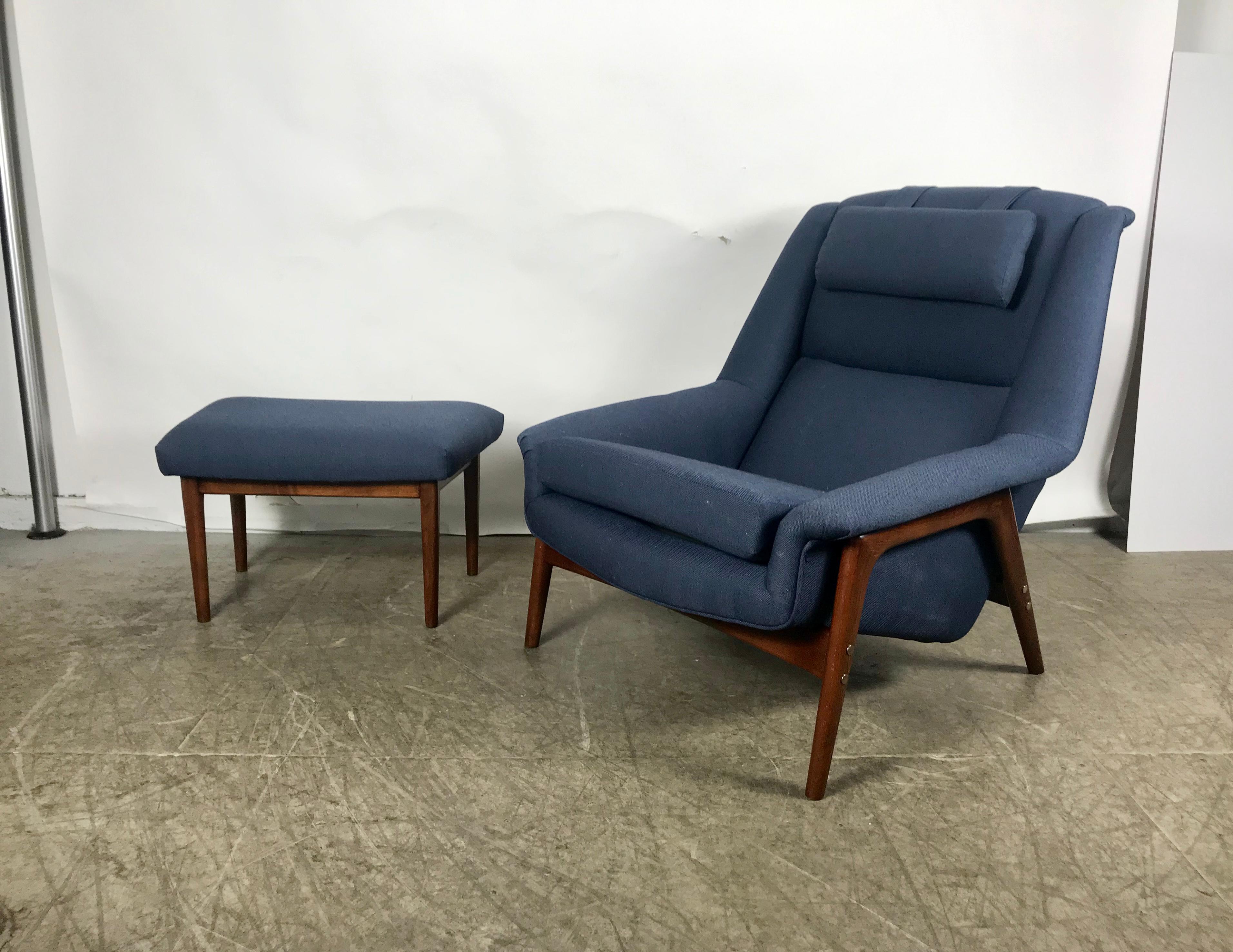 Folke Ohlsson ,DUX,Lounge Chair and Ottoman ,Sweden 1960,.recently reupholstered and restored,,Amazing design,, extremely comfortable,, Hand delivery avail to New York City or anywhere en route from Buffalo New York