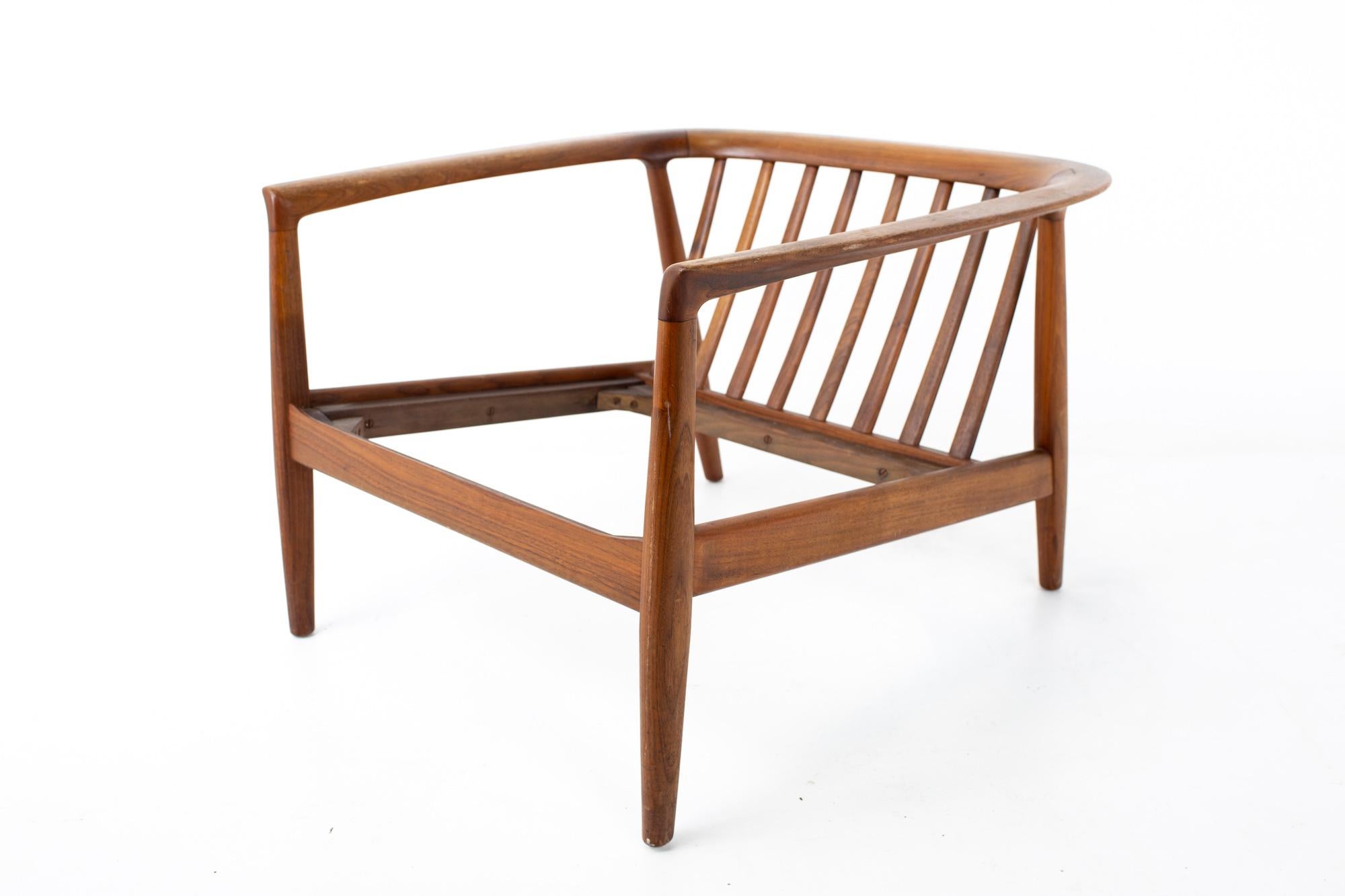 Folke Ohlsson for DUX mid century Danish teak barrel lounge chair.
Lounge chair measures: 30 wide x 30 deep x 22 inches high, with a seat height of 11.25 inches and arm height/chair clearance of 21.75

All pieces of furniture can be had in what