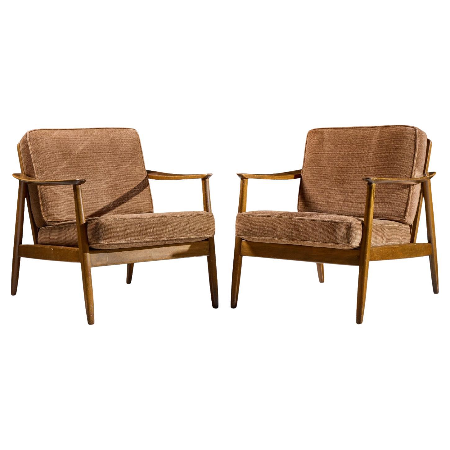 Folke Ohlsson for Dux Model 247 Mid Century Walnut and Cane Lounge Chairs - Pair For Sale