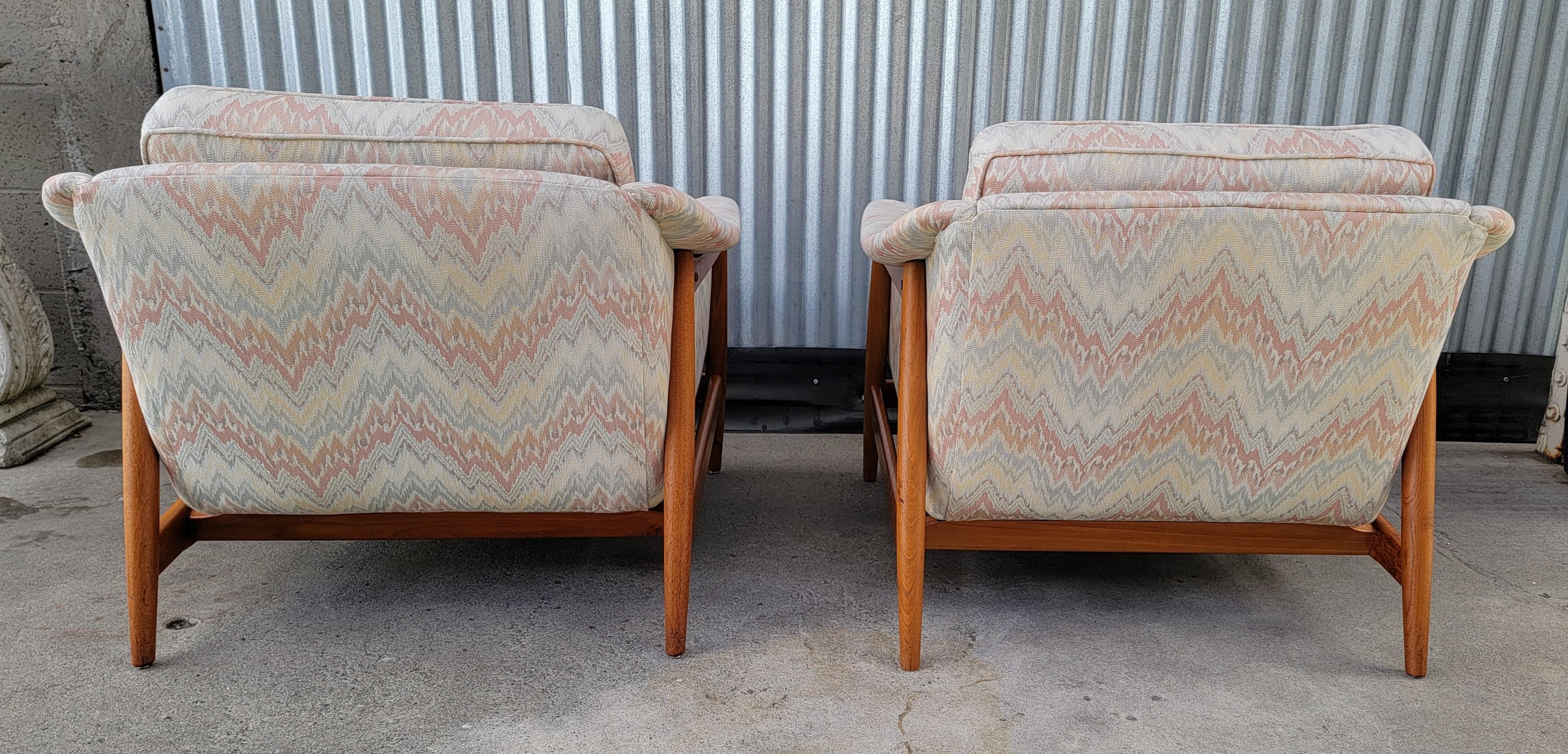 Folke Ohlsson for DUX Pair Upholstered Teak Lounge Chairs 3