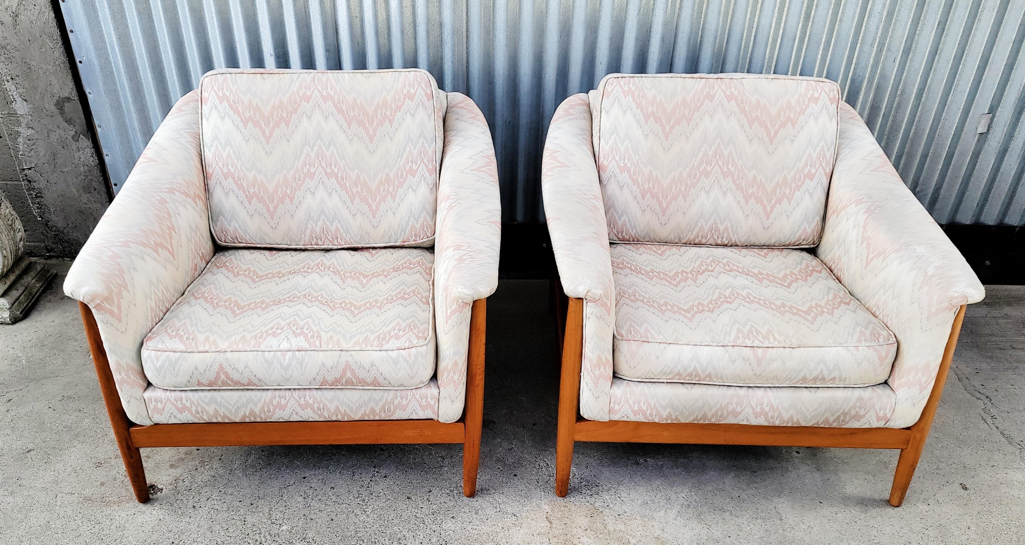 Folke Ohlsson for DUX Pair Upholstered Teak Lounge Chairs 4