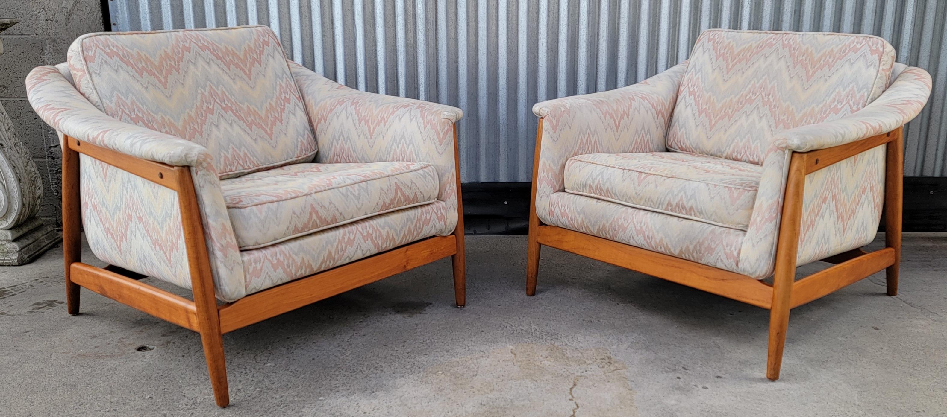 Folke Ohlsson for DUX Pair Upholstered Teak Lounge Chairs 5