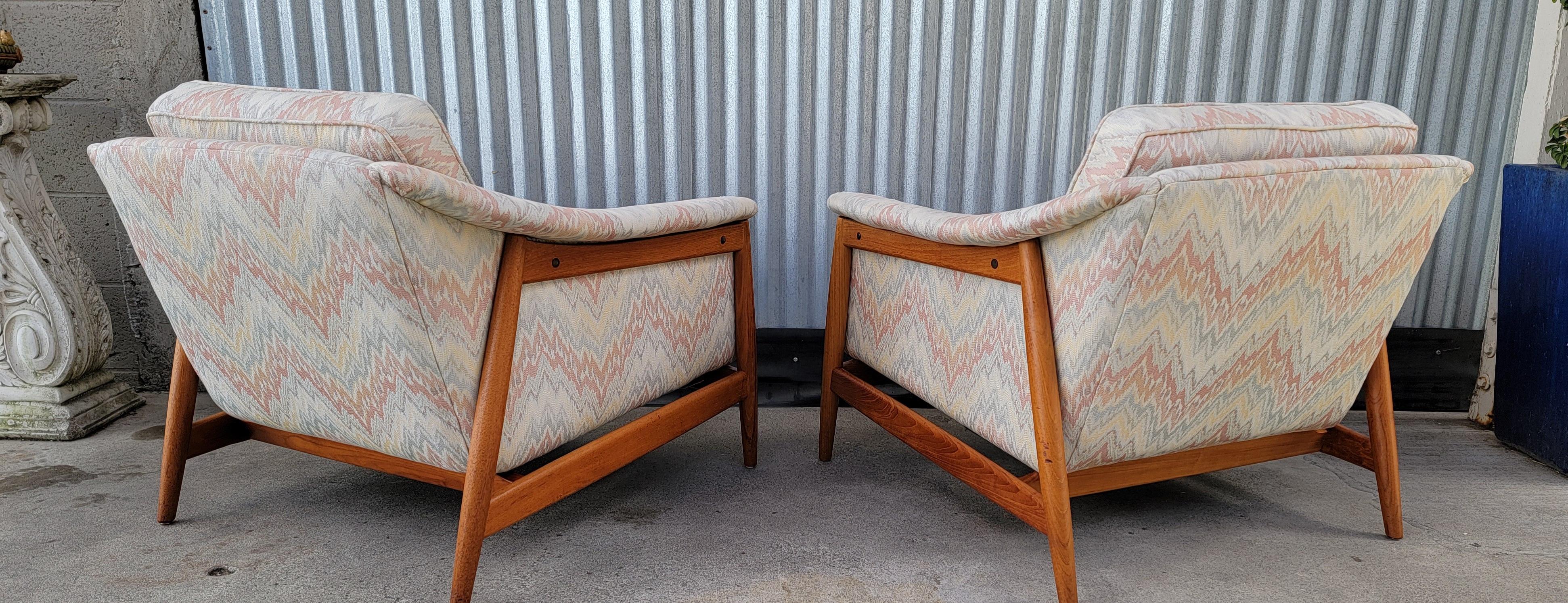 20th Century Folke Ohlsson for DUX Pair Upholstered Teak Lounge Chairs