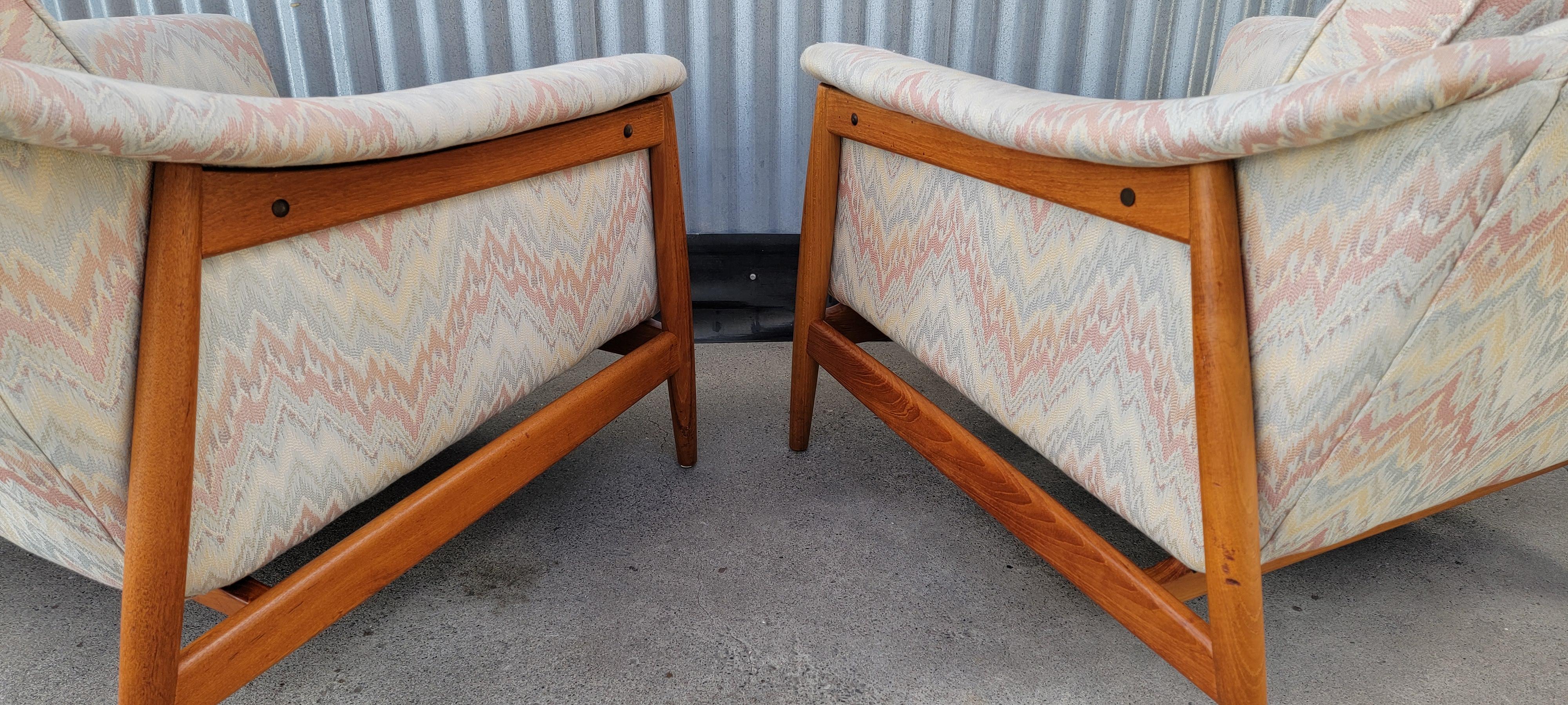Fabric Folke Ohlsson for DUX Pair Upholstered Teak Lounge Chairs