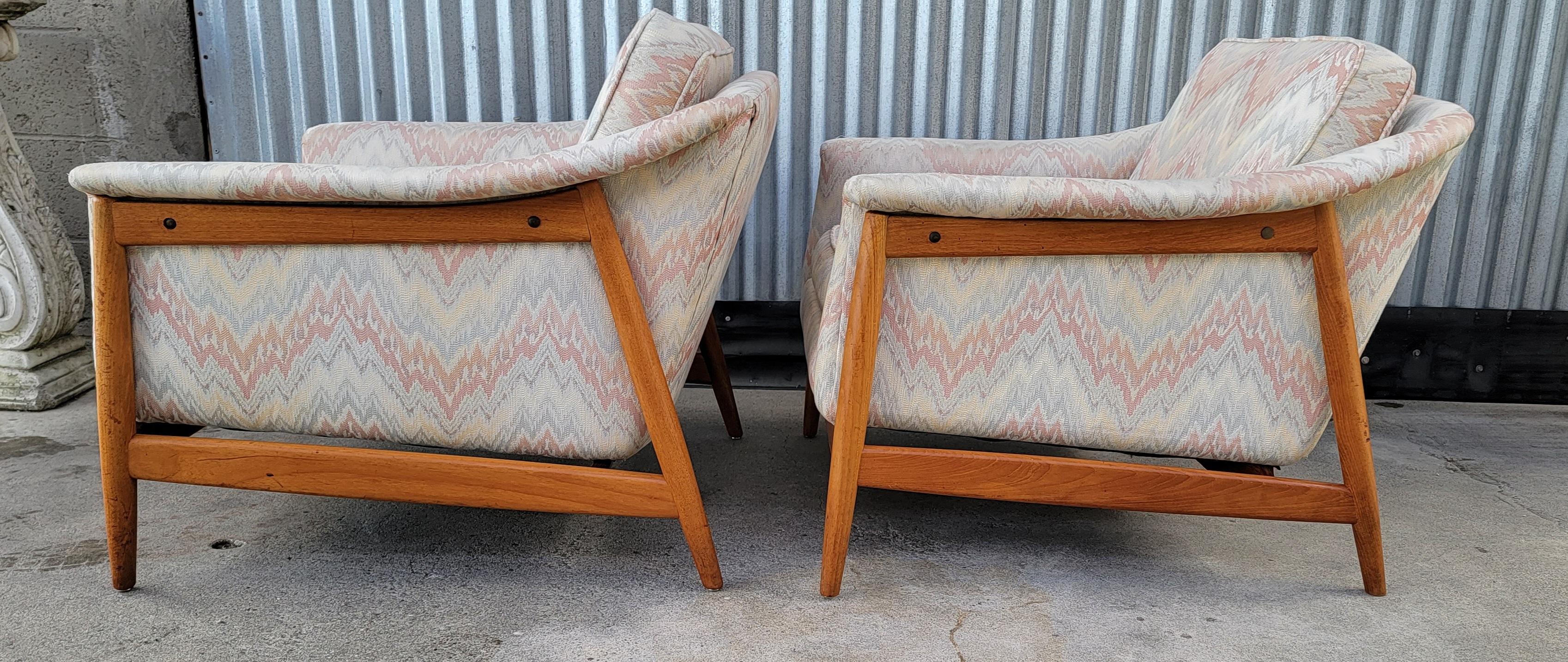 Folke Ohlsson for DUX Pair Upholstered Teak Lounge Chairs 1