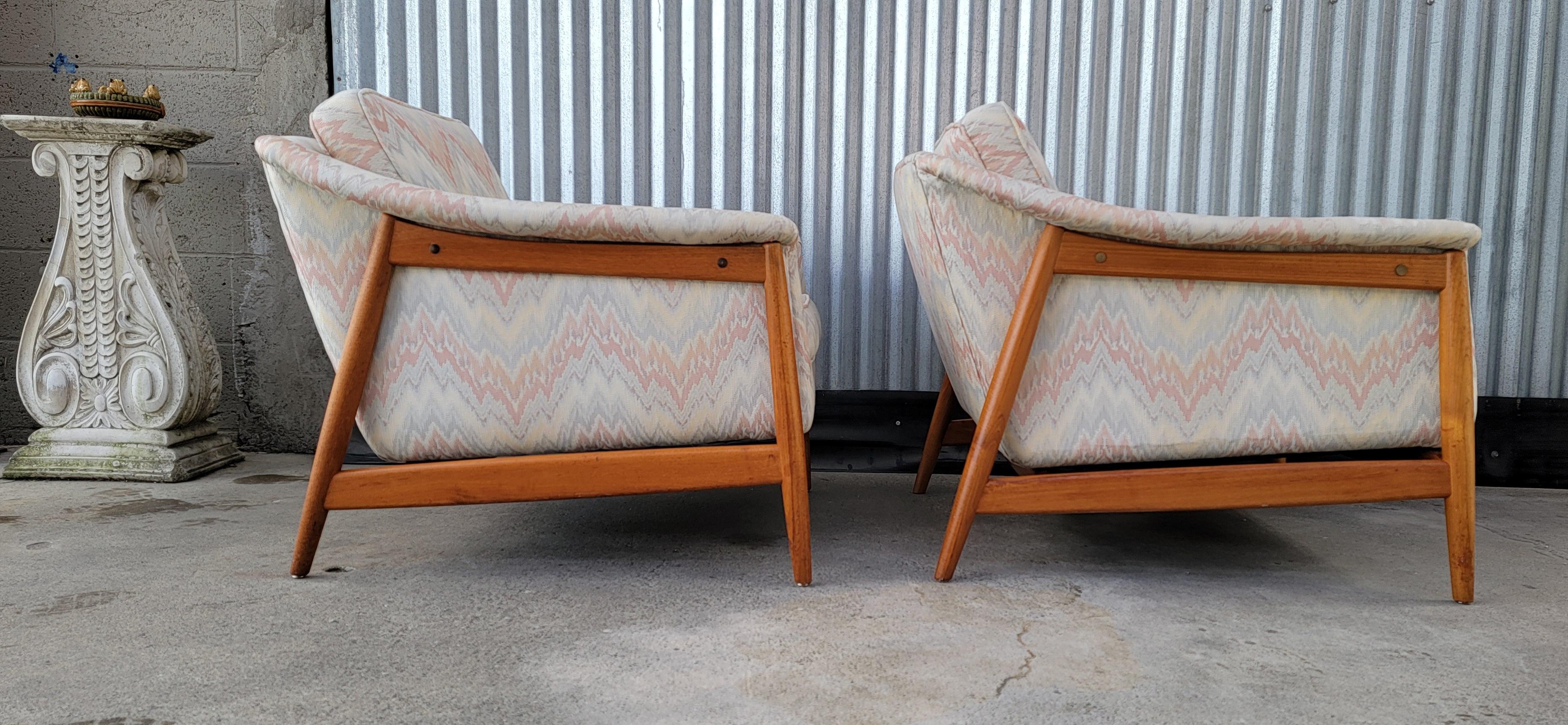 Folke Ohlsson for DUX Pair Upholstered Teak Lounge Chairs 2