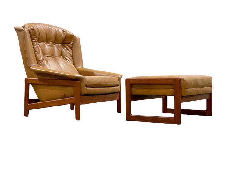 Mid-20th Century Folke Ohlsson for DUX Reclining Lounge Chair + Ottoman in Leather + Walnut 