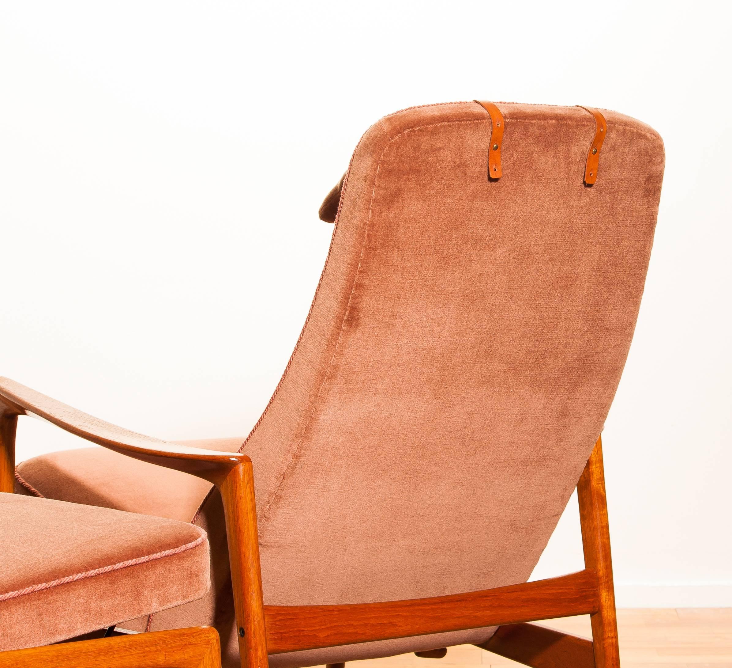 Folke Ohlsson for DUX Rocking Chair and Ottoman in Teak and Velours 5