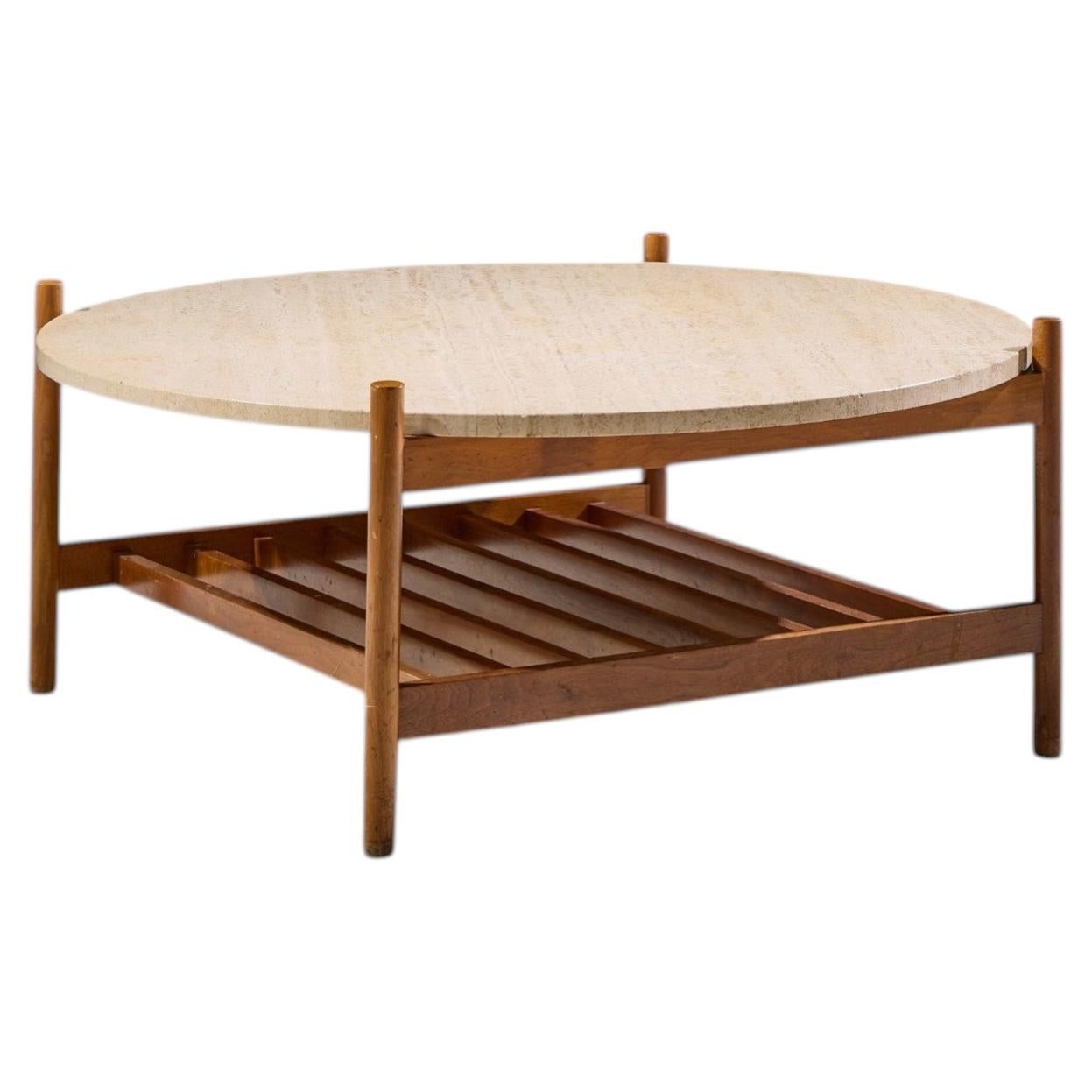Folke Ohlsson for Dux Style Mid Century Teak and Travertine Top Coffee Table