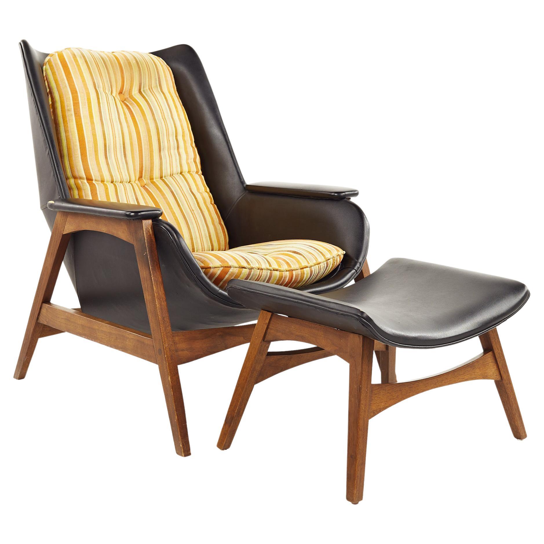 Folke Ohlsson for Dux Style Mid Century Walnut Chair and Ottoman