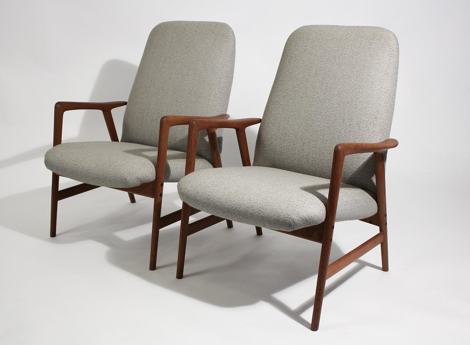 Beautiful set of teak lounge chairs by Folke Ohlsson for DUX of Sweden. The chairs have wonderful sculptural arms and have been restored. Teak frames have been hand oiled and completely reupholstered. Very comfortable and would look great in any