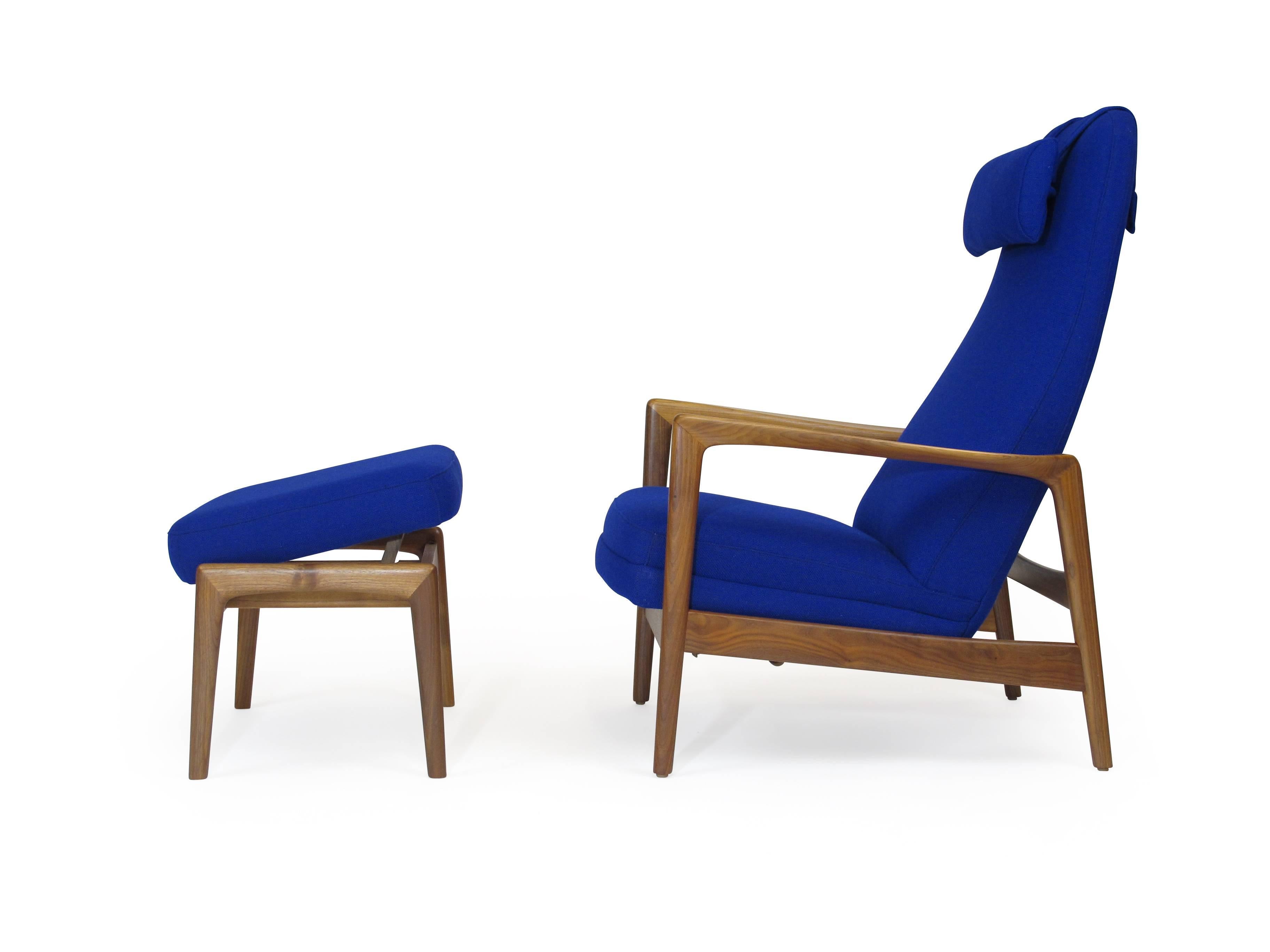 Mid-Century Modern Folke Ohlsson for DUX Walnut Rocking Lounge Chair in Cobalt Blue Wool