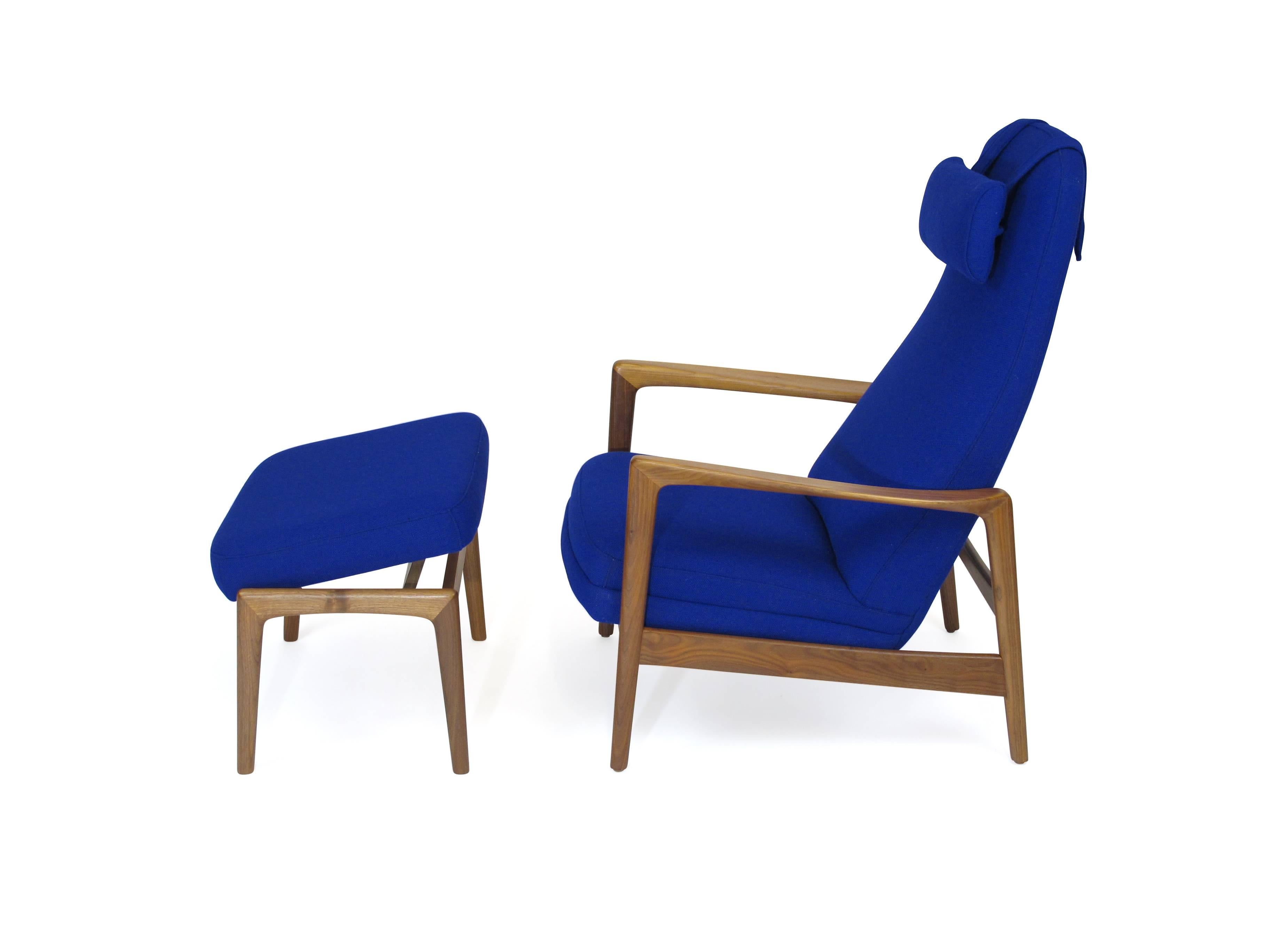 Swedish Folke Ohlsson for DUX Walnut Rocking Lounge Chair in Cobalt Blue Wool