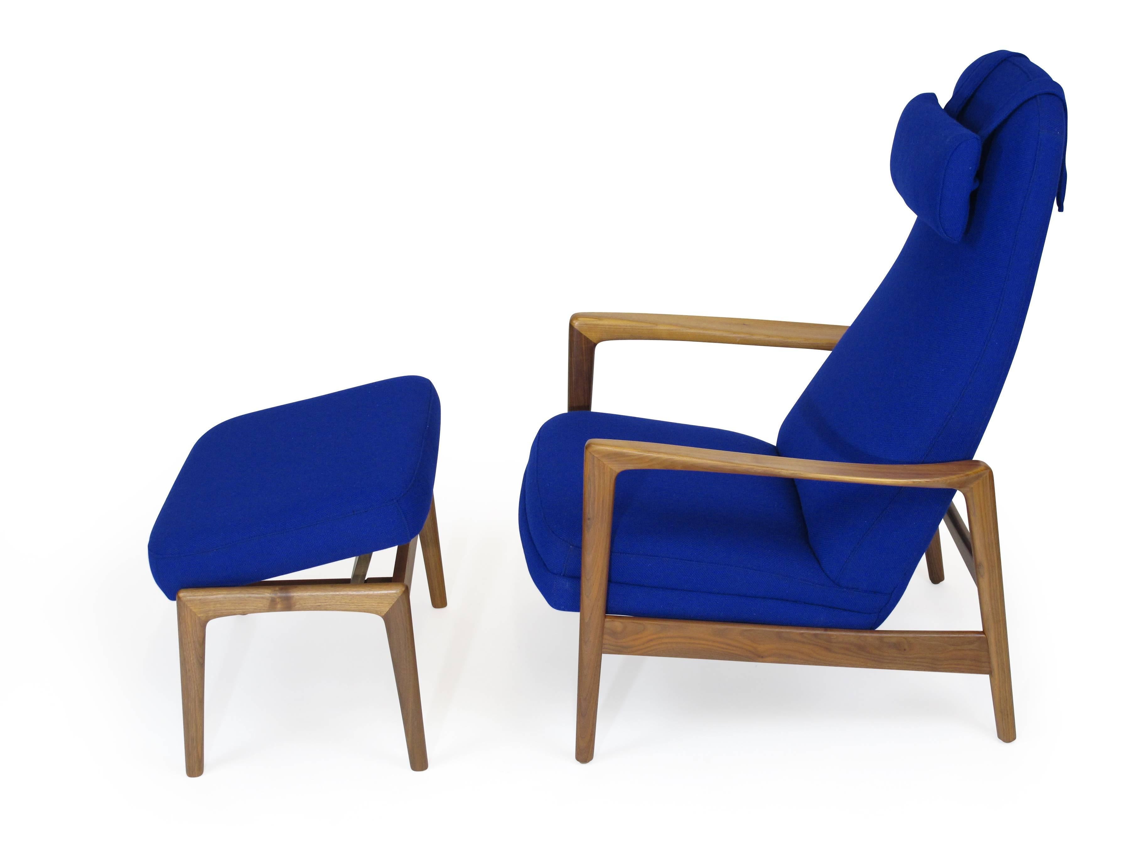 20th Century Folke Ohlsson for DUX Walnut Rocking Lounge Chair in Cobalt Blue Wool