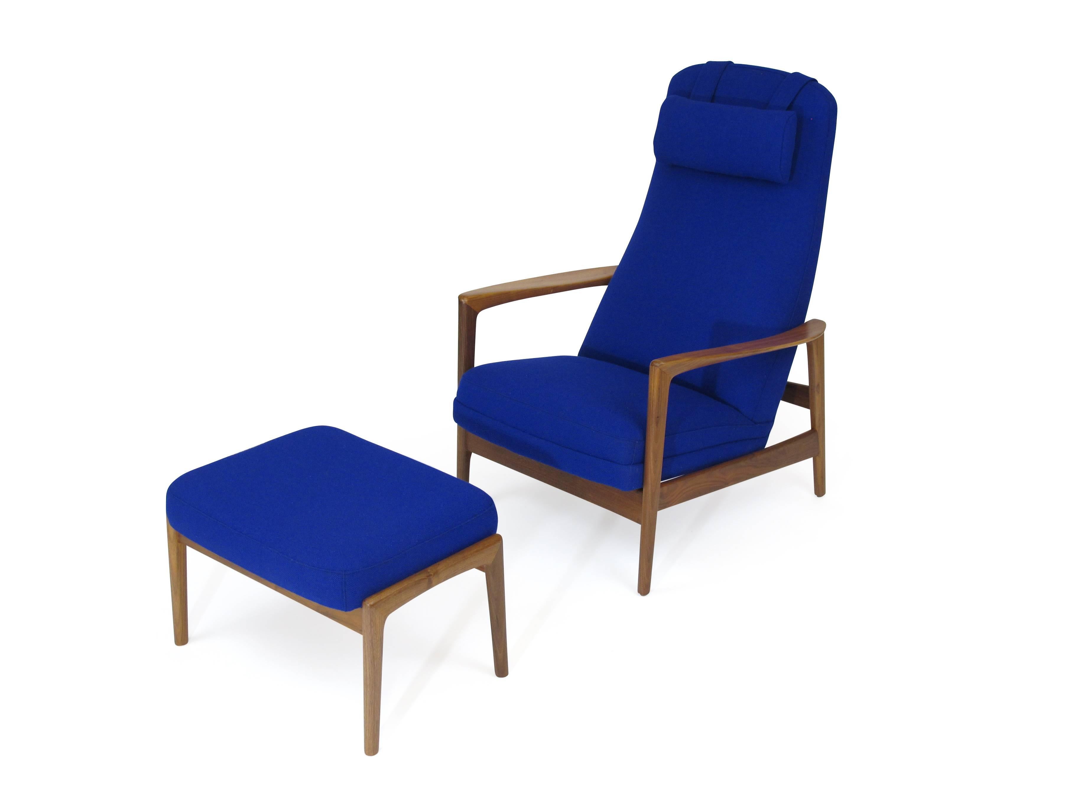 Folke Ohlsson for DUX Walnut Rocking Lounge Chair in Cobalt Blue Wool 1