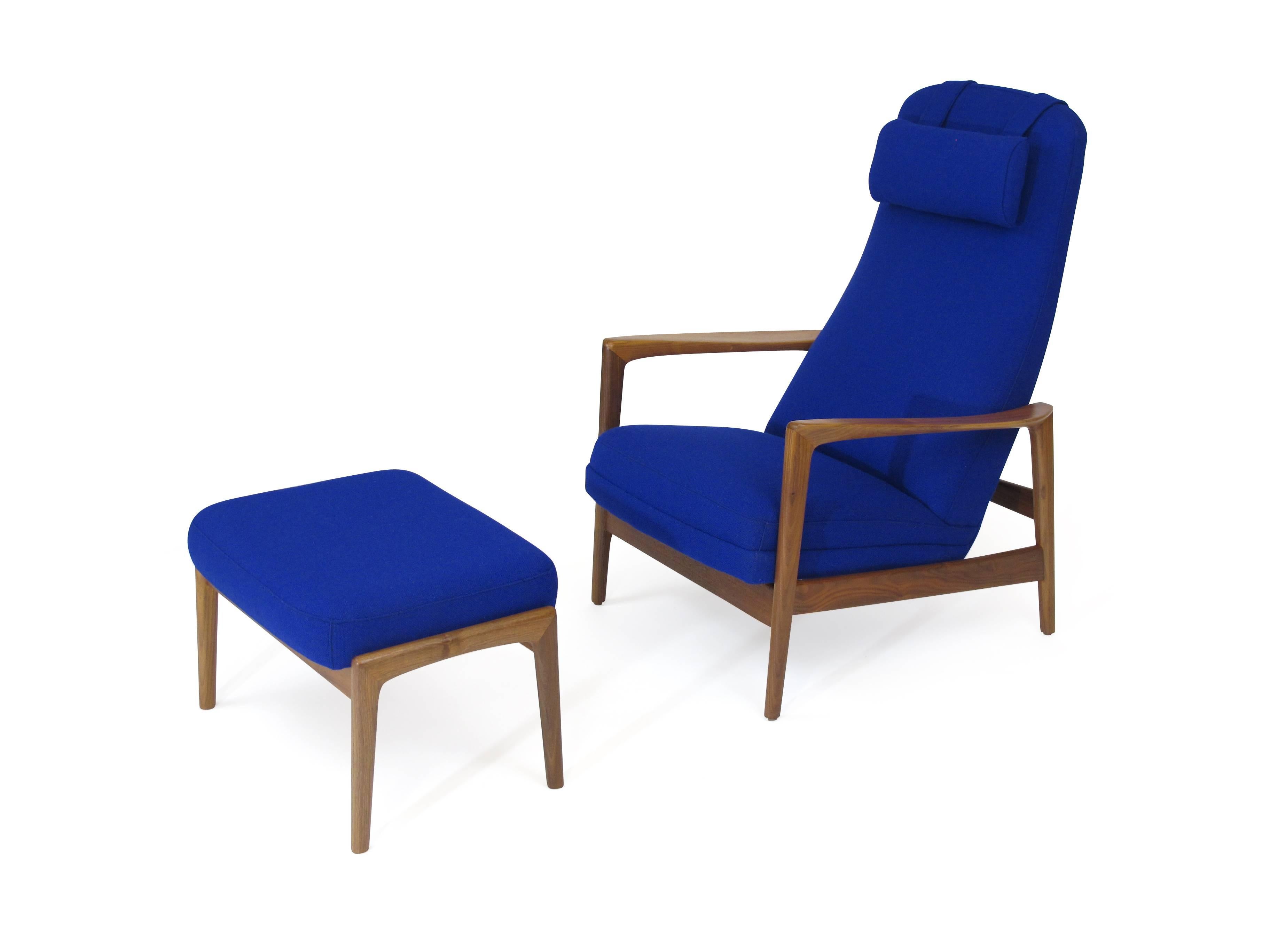 Folke Ohlsson for DUX Walnut Rocking Lounge Chair in Cobalt Blue Wool 2