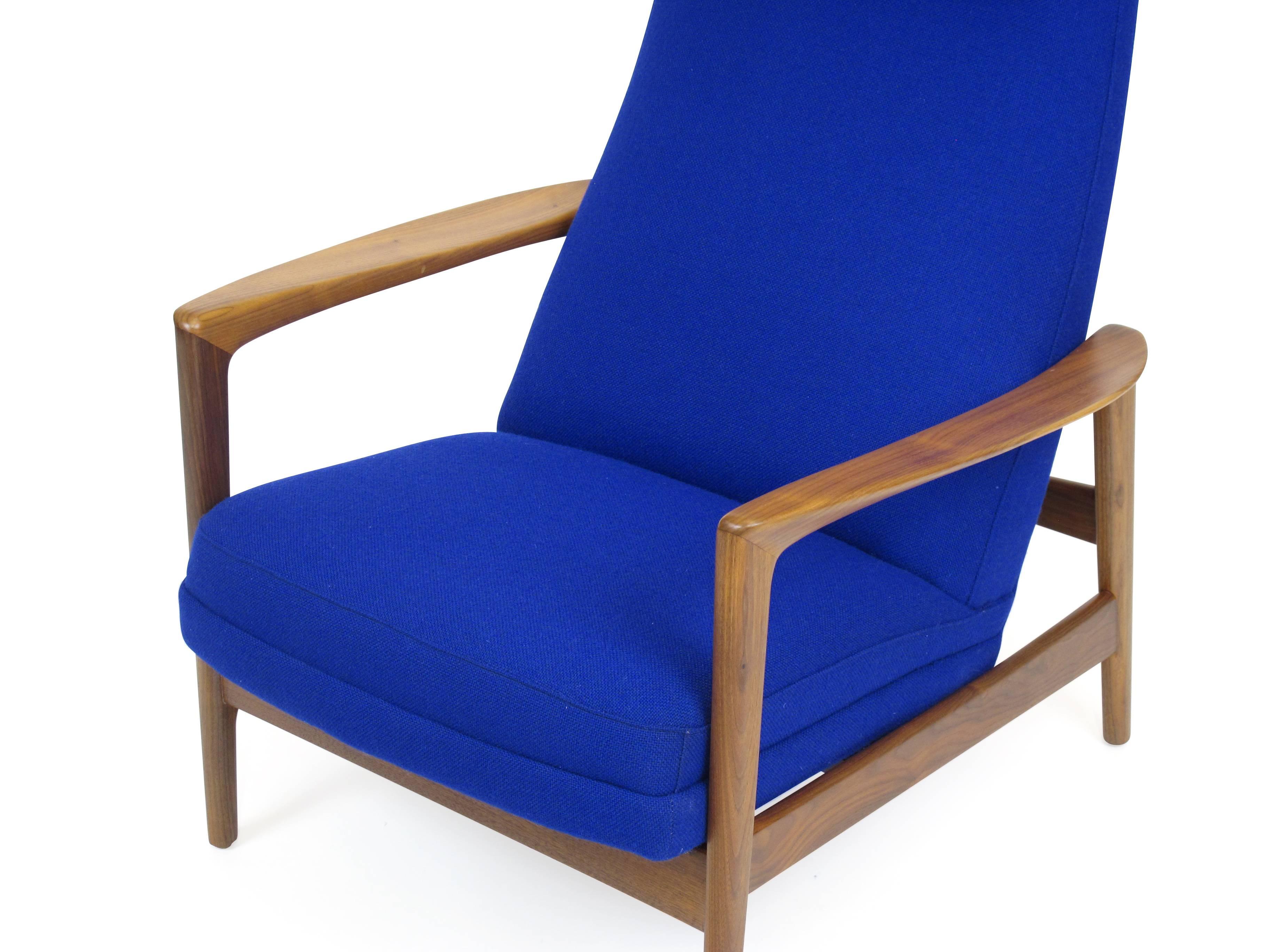Folke Ohlsson for DUX Walnut Rocking Lounge Chair in Cobalt Blue Wool 3