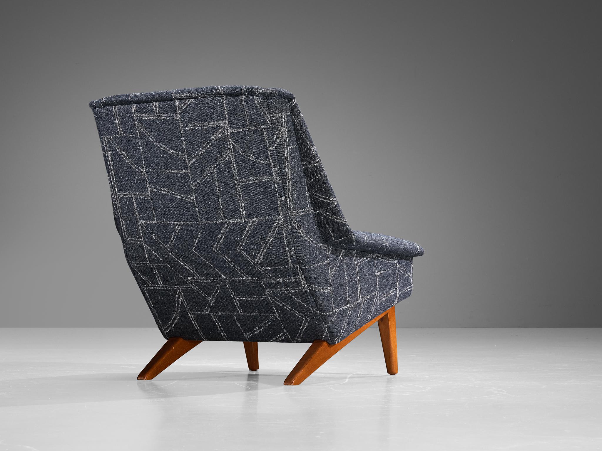 Danish Folke Ohlsson for Fritz Hansen Lounge Chair in Geometric Blue Upholstery For Sale