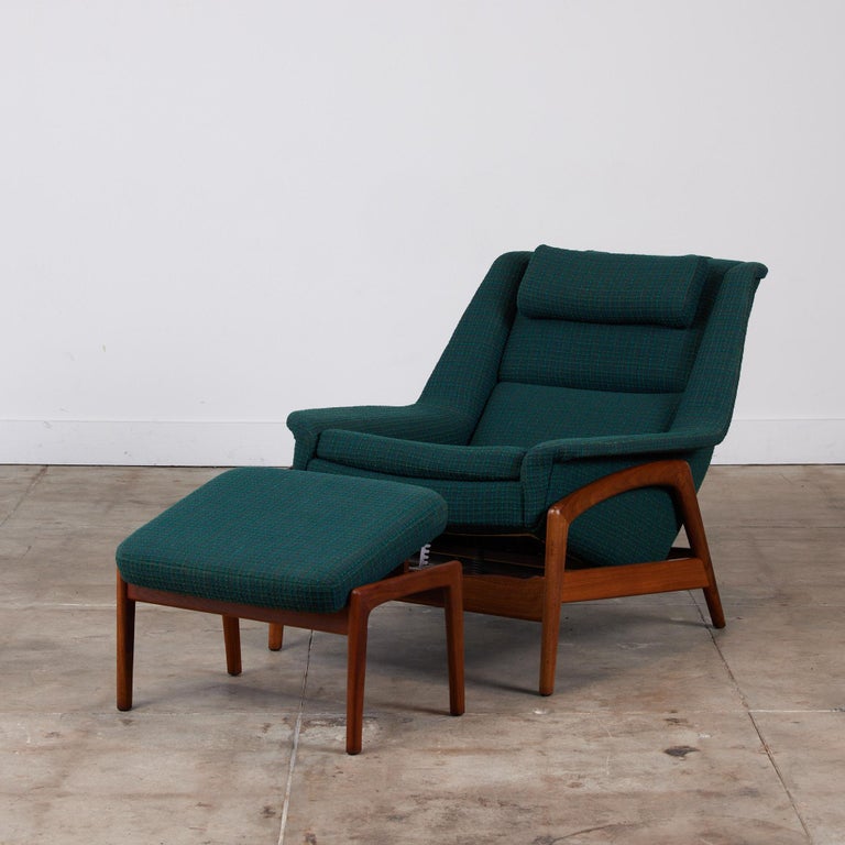 Folke Ohlsson designed reclining lounge chair and ottoman for Dux, c.1950s, Sweden. The upholstered chair sits on a solid teak base that features a teak finished lever on the side to recline the chair up to 5 different settings. The ottoman cushion