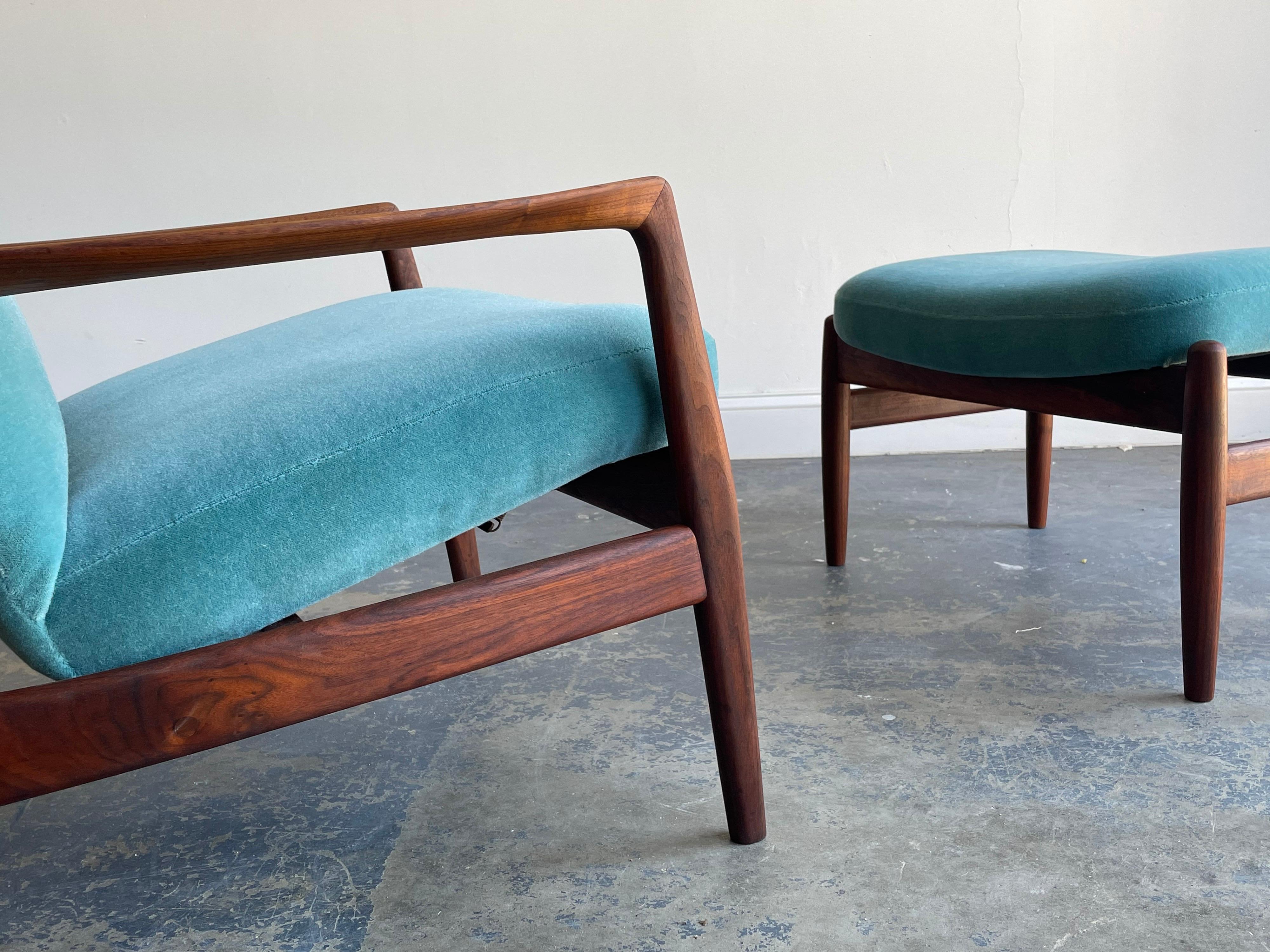Swedish Folke Ohlsson Lounge Chair and Ottoman for DUX, Walnut and Mohair