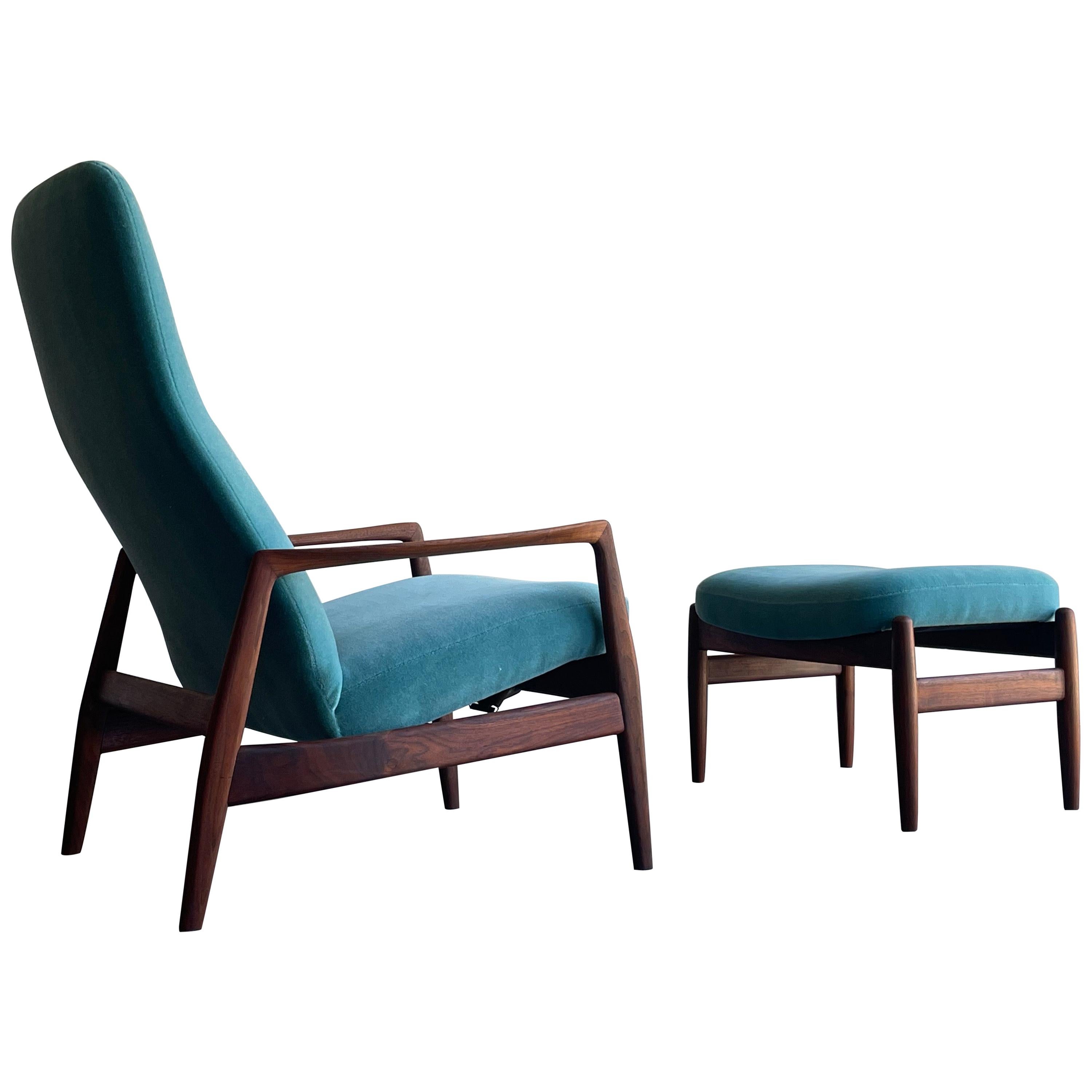Folke Ohlsson Lounge Chair and Ottoman for DUX, Walnut and Mohair