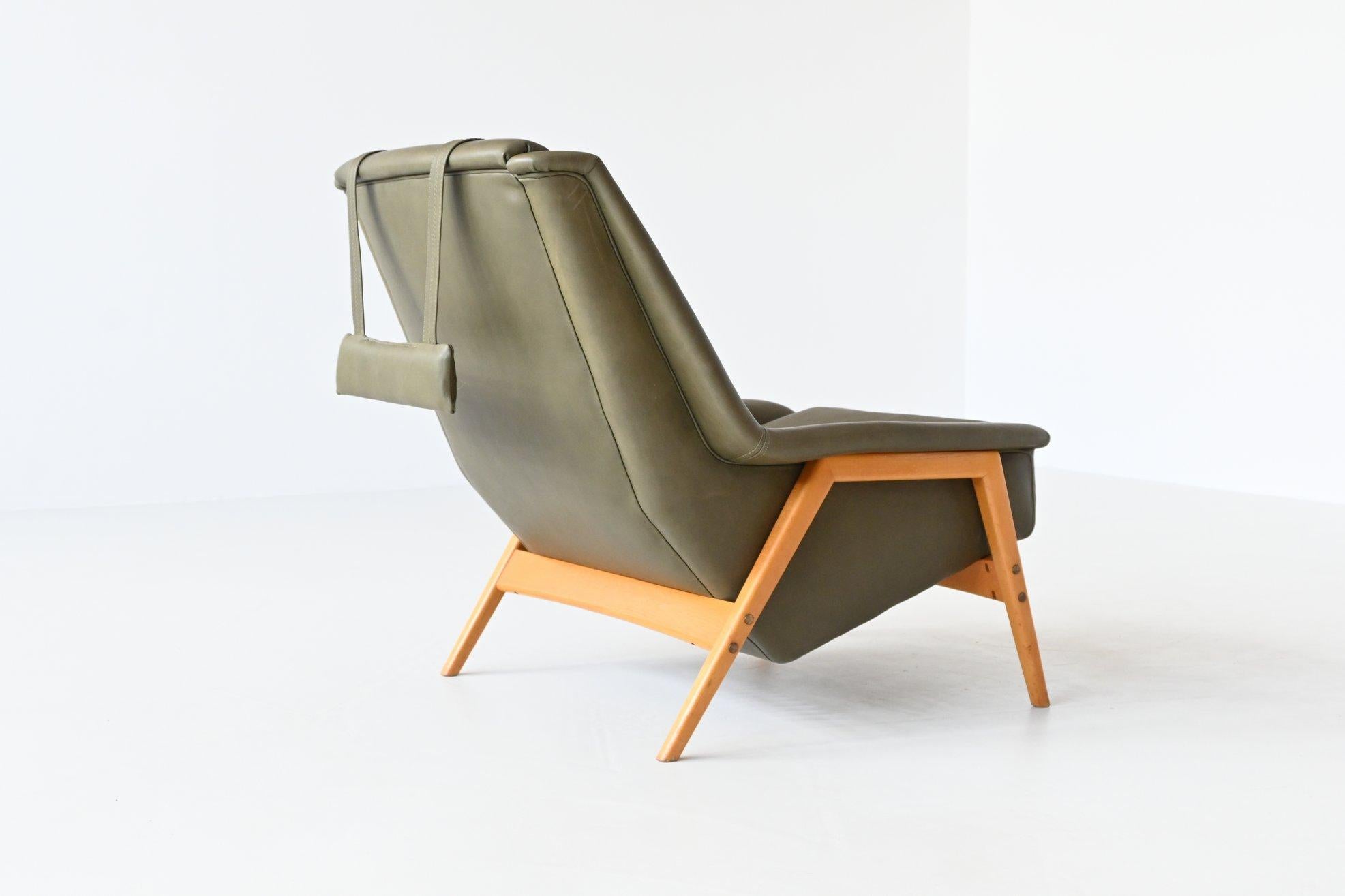 Mid-Century Modern Folke Ohlsson Lounge Chair Green Leather DUX Sweden 1960
