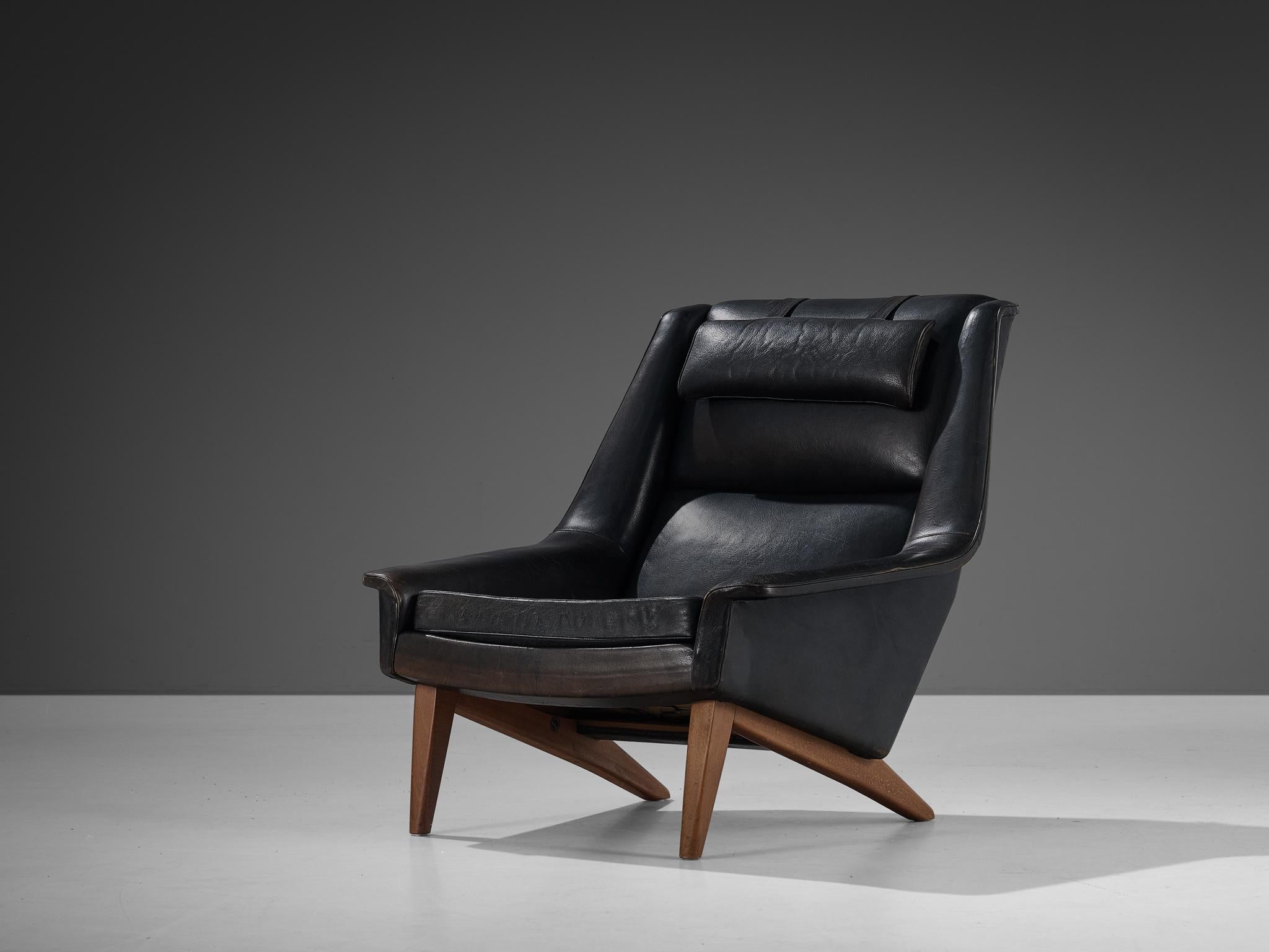 Danish Folke Ohlsson Lounge Chair in Black Leather