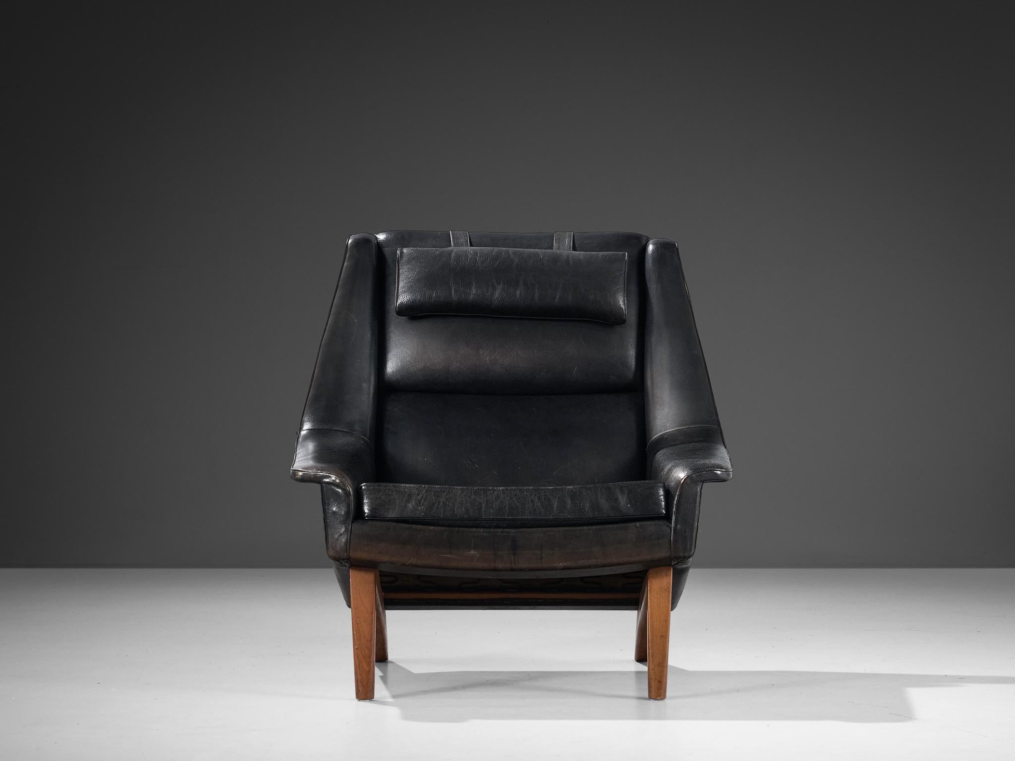 Folke Ohlsson Lounge Chair in Black Leather In Good Condition In Waalwijk, NL