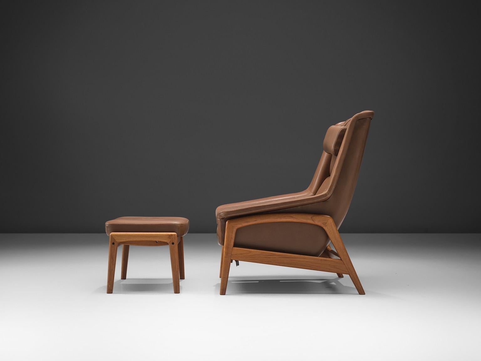 Swedish Folke Ohlsson 'Profil' Lounge Chair and Ottoman in Leather For Sale