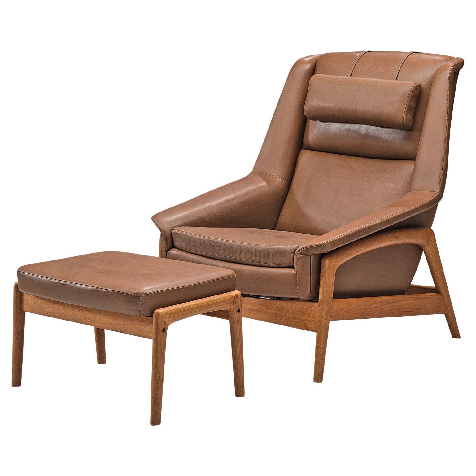 Folke Ohlsson 'Profil' Lounge Chair and Ottoman in Leather For Sale