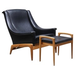 Folke Ohlsson Reclining Highback Lounge Chairs + Ottoman in Teak