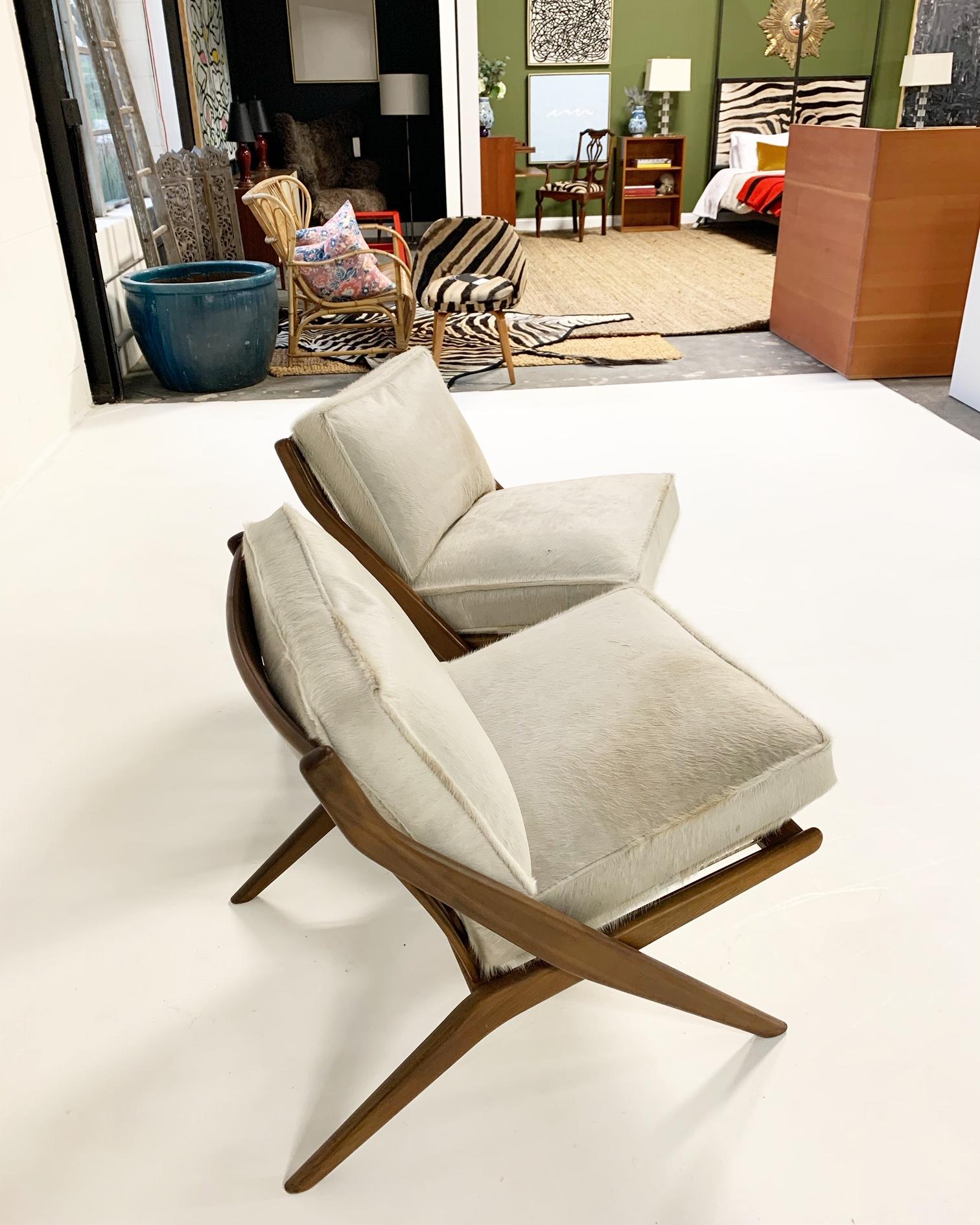 Scandinavian Modern Folke Ohlsson Scissor Chairs with Brazilian Cowhide Cushions, Pair