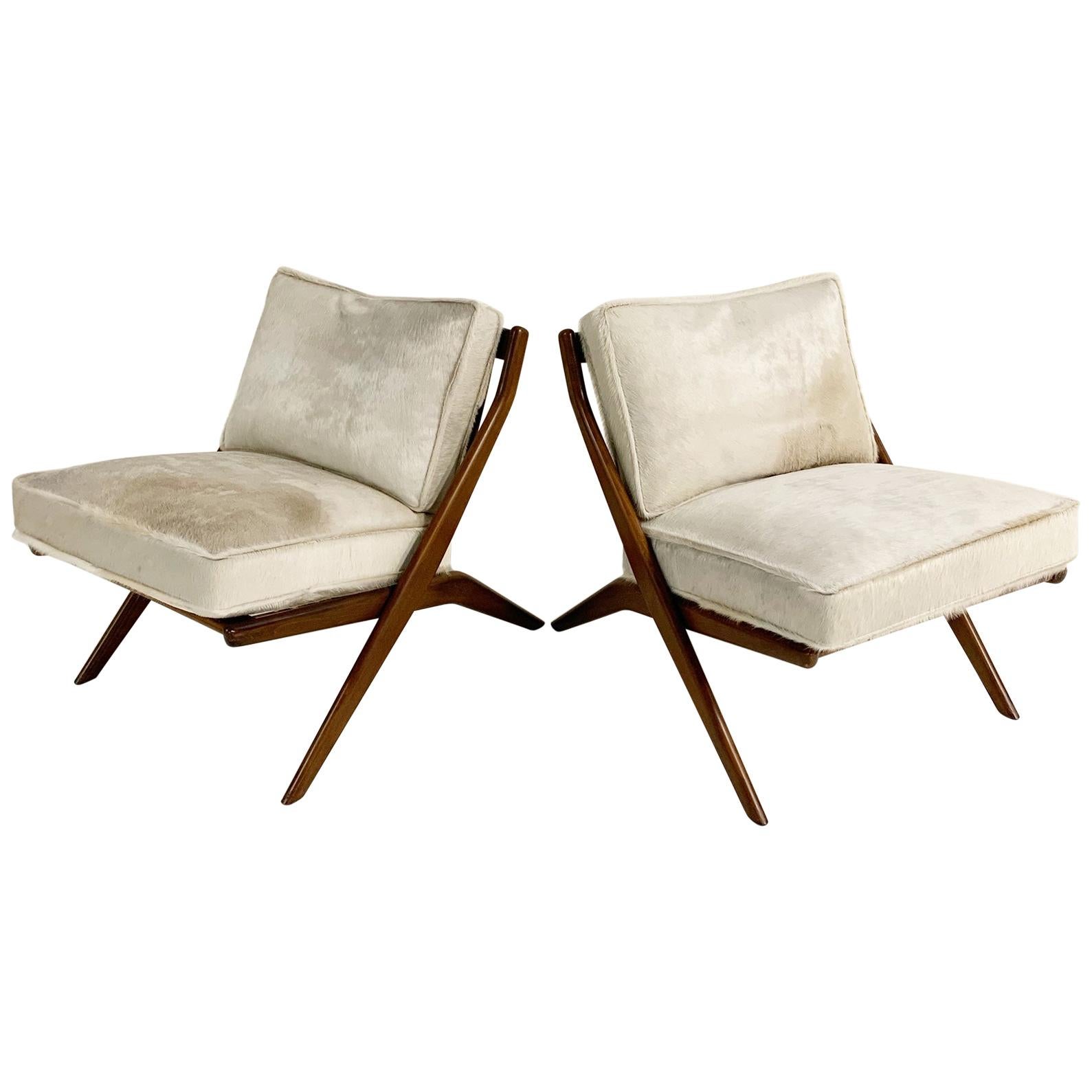 Folke Ohlsson Scissor Chairs with Brazilian Cowhide Cushions, Pair