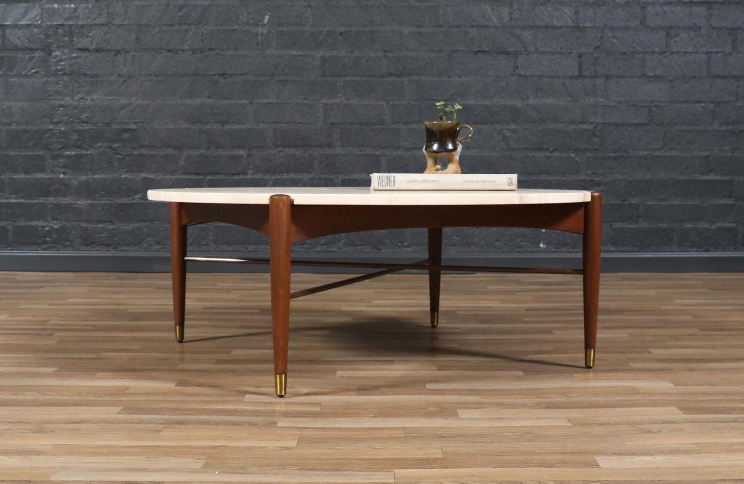 Folke Ohlsson Sculpted Coffee Table w/ Roman Travertine Top for Dux im Zustand „Hervorragend“ im Angebot in Los Angeles, CA