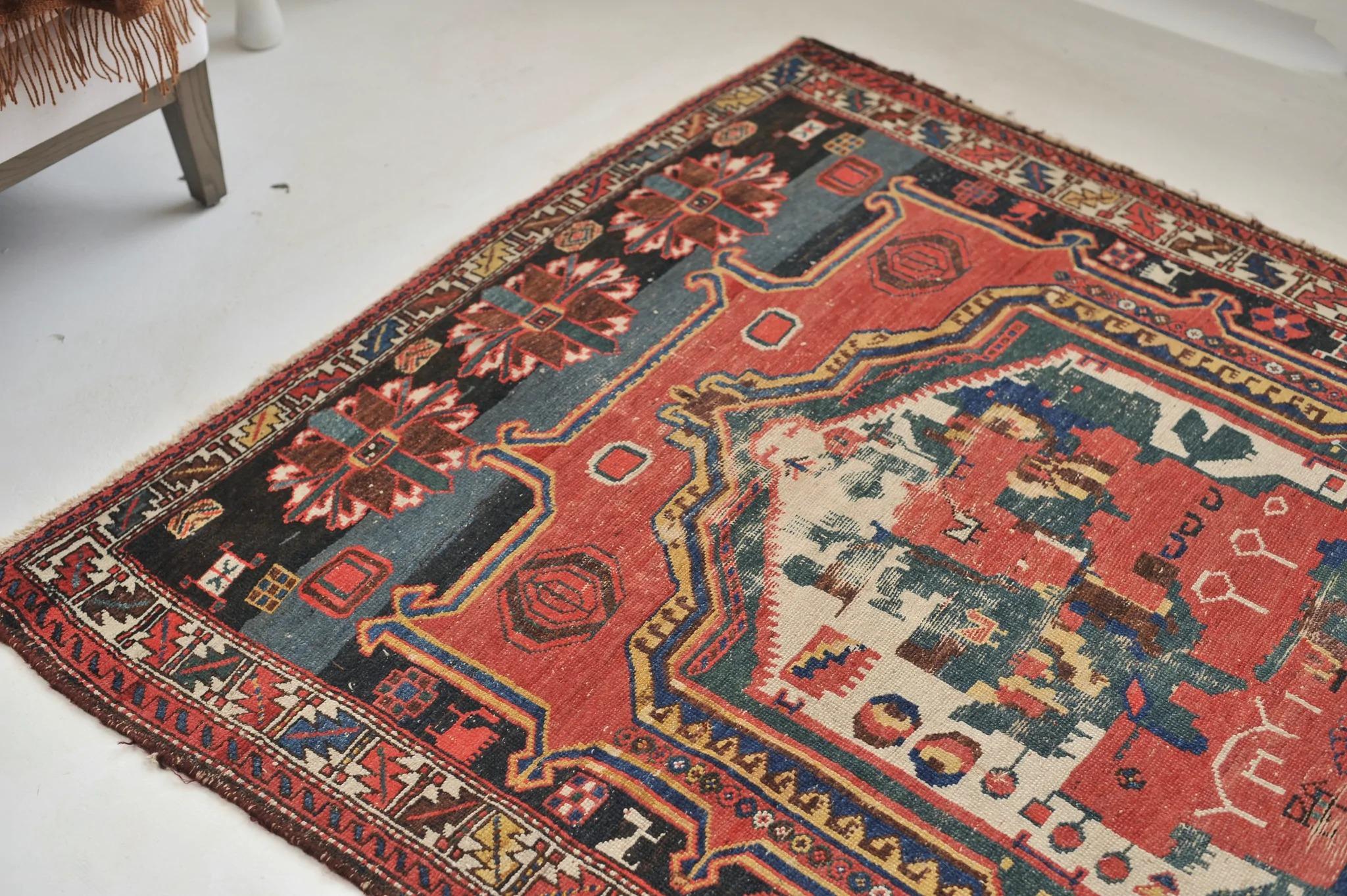 Folklore Wonderful Landscape Depiction Village Antique Abstract-like Rug In Good Condition For Sale In Milwaukee, WI