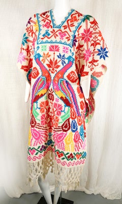 Folkloric Fluorescent Embroidered Poncho with Peacock Motif, 1970s