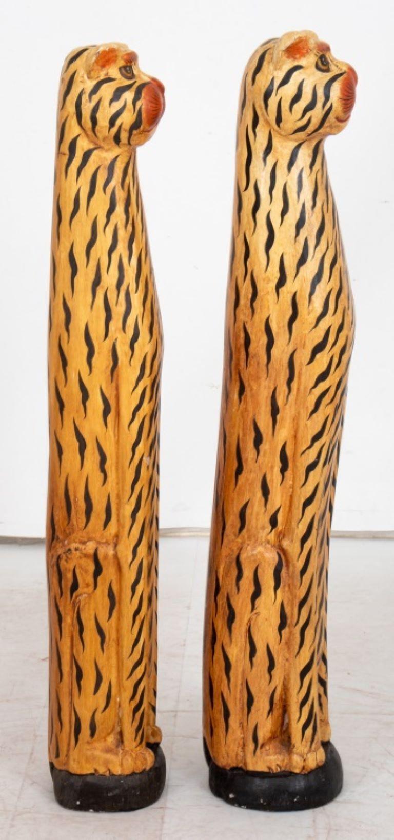 Wood Folkloric Style Polychrome Tiger Sculptures, 2 For Sale