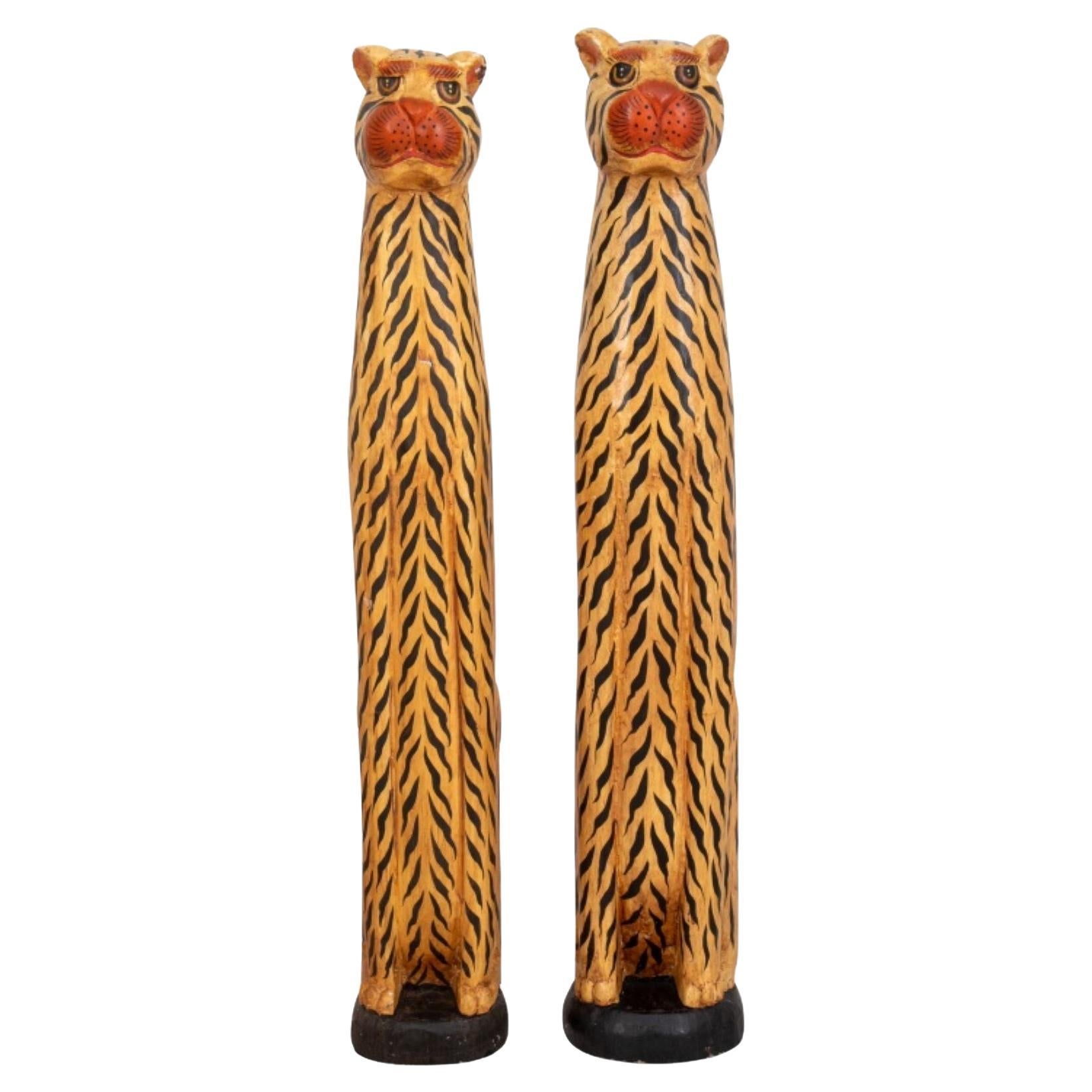 Folkloric Style Polychrome Tiger Sculptures, 2 For Sale