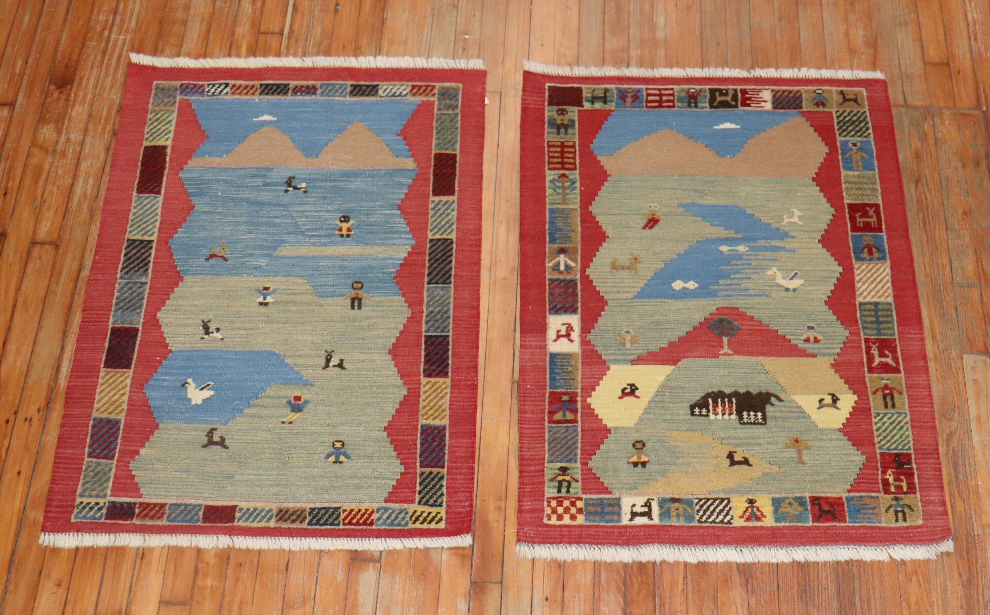 Set of mid-20th century Souf Pictorial Persian Gabbeh carpets .

2'9'' x 3'10'' x 2'8' x 3'10'' respectively

Souf rugs are very rare technique found as they have a raised low and high pile technique. They are popular in Iran and little